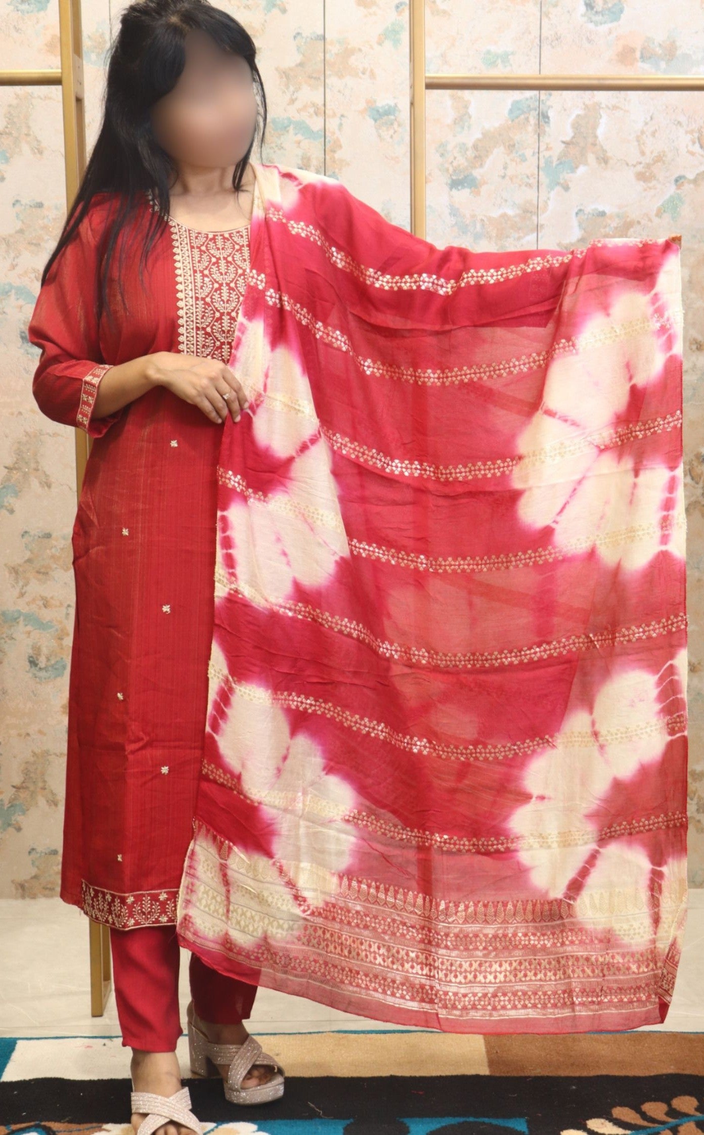 Red Kurta Set with Embroidered Neckline