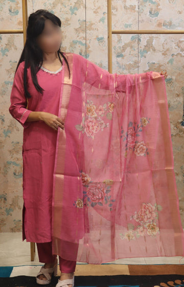 Deep Pink Cotton-Silk Straight Kurta Set