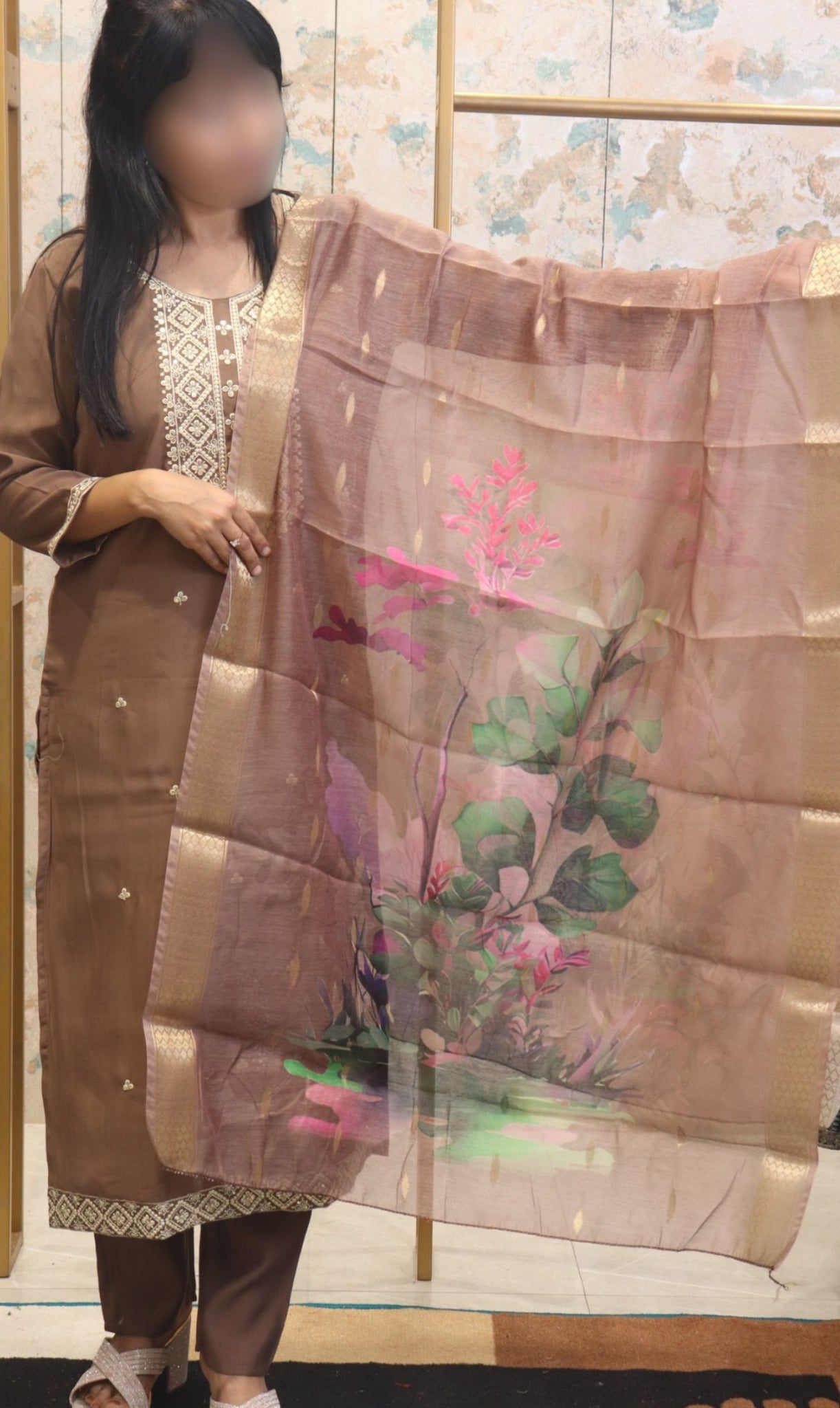 Rich Brown Straight Kurta Set with Floral Dupatta