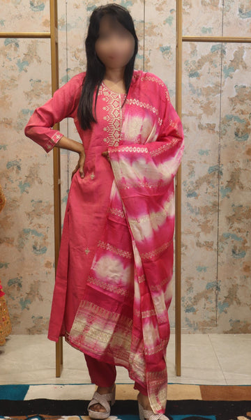 Pink Kurta Set with Embroidered Neckline