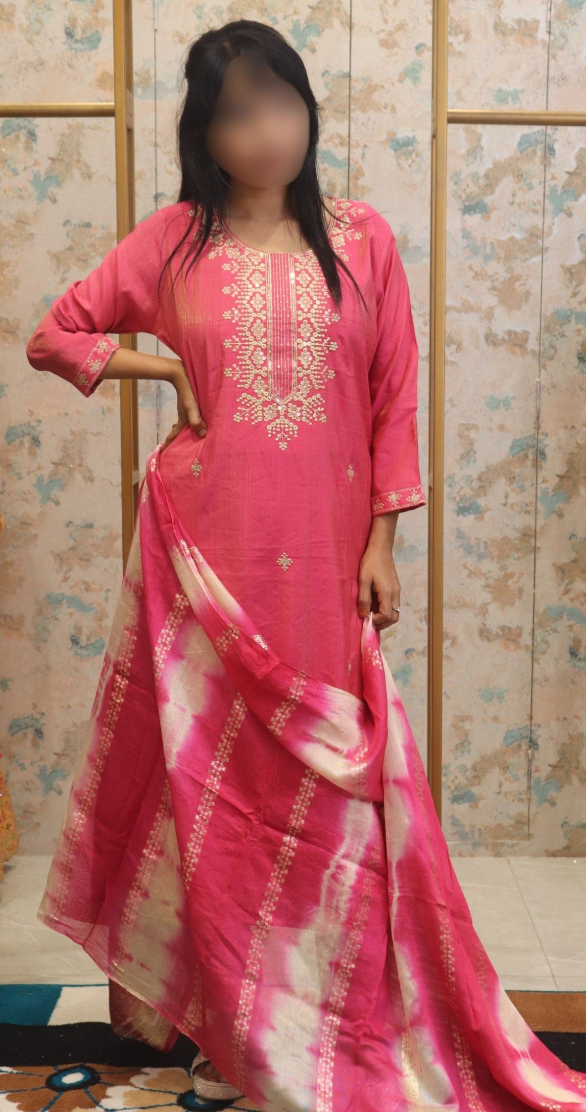 Pink Kurta Set with Embroidered Neckline