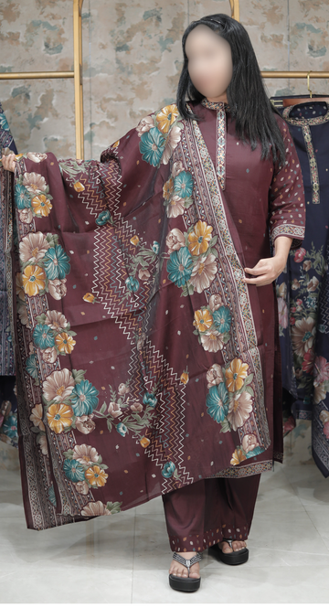 Cotton Blend Kurta Set with  Floral Dupatta