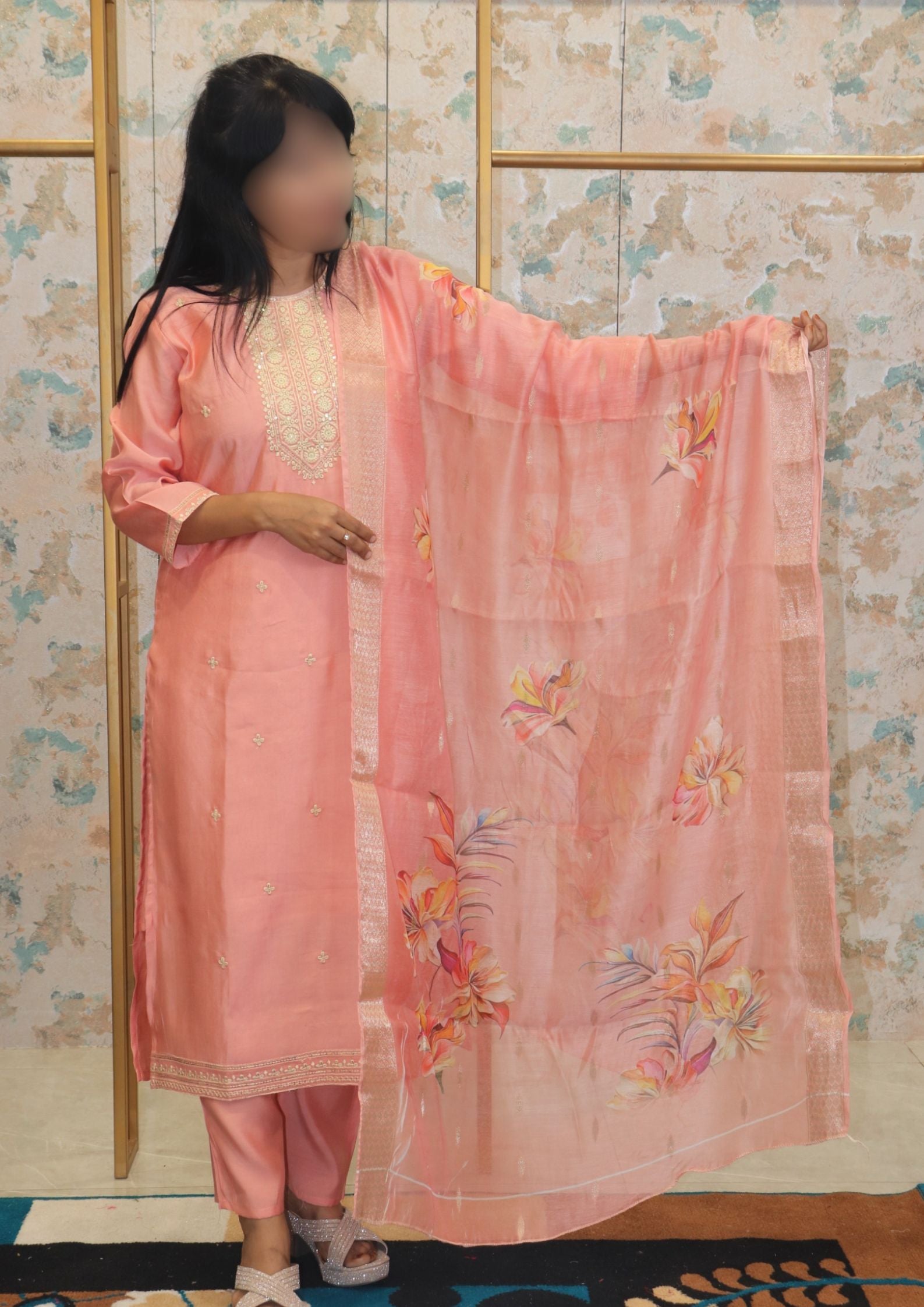 Peach Kurti Set with Organza Dupatta