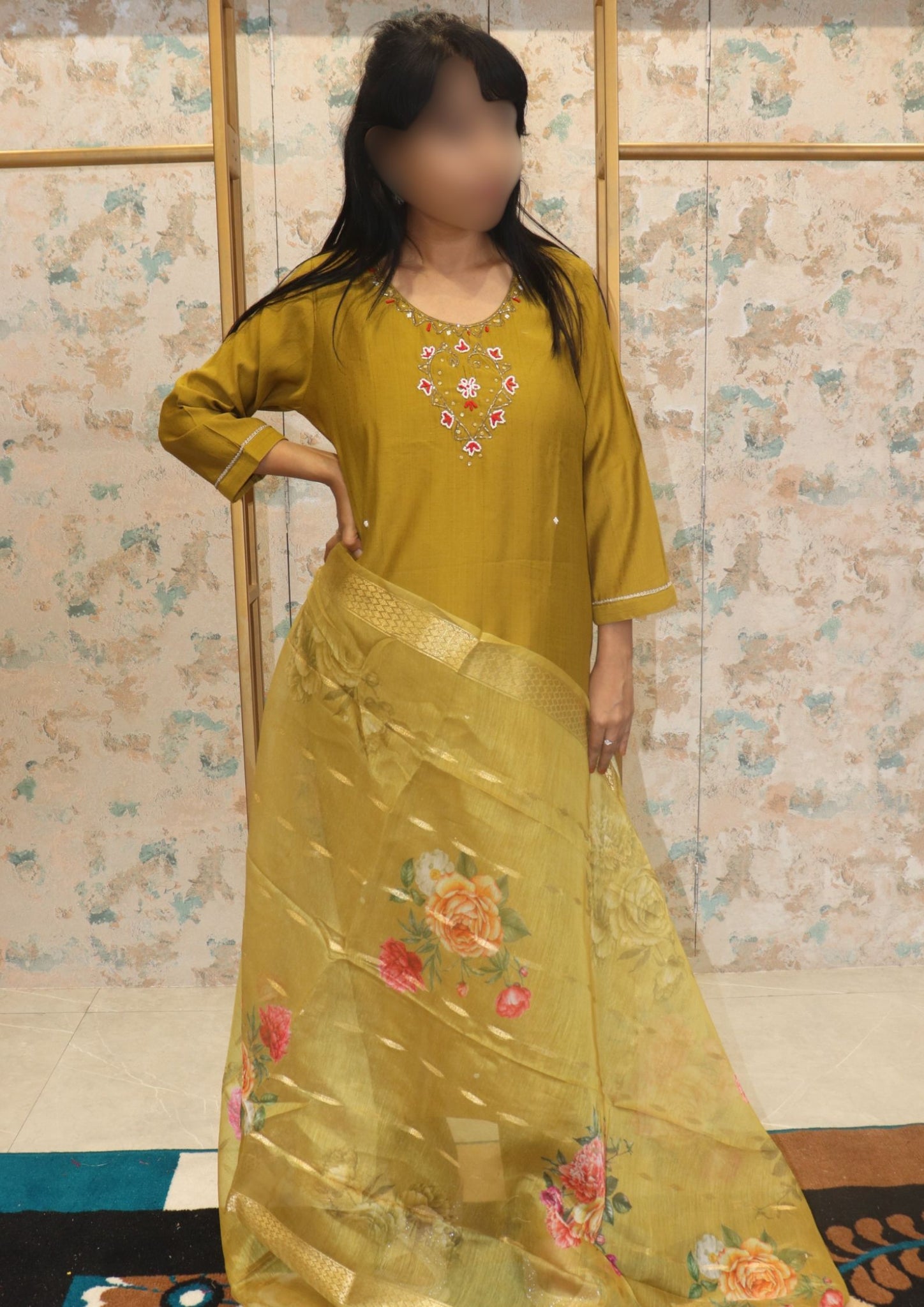 Mustard Yellow Kurti Set & Organza Dupatta