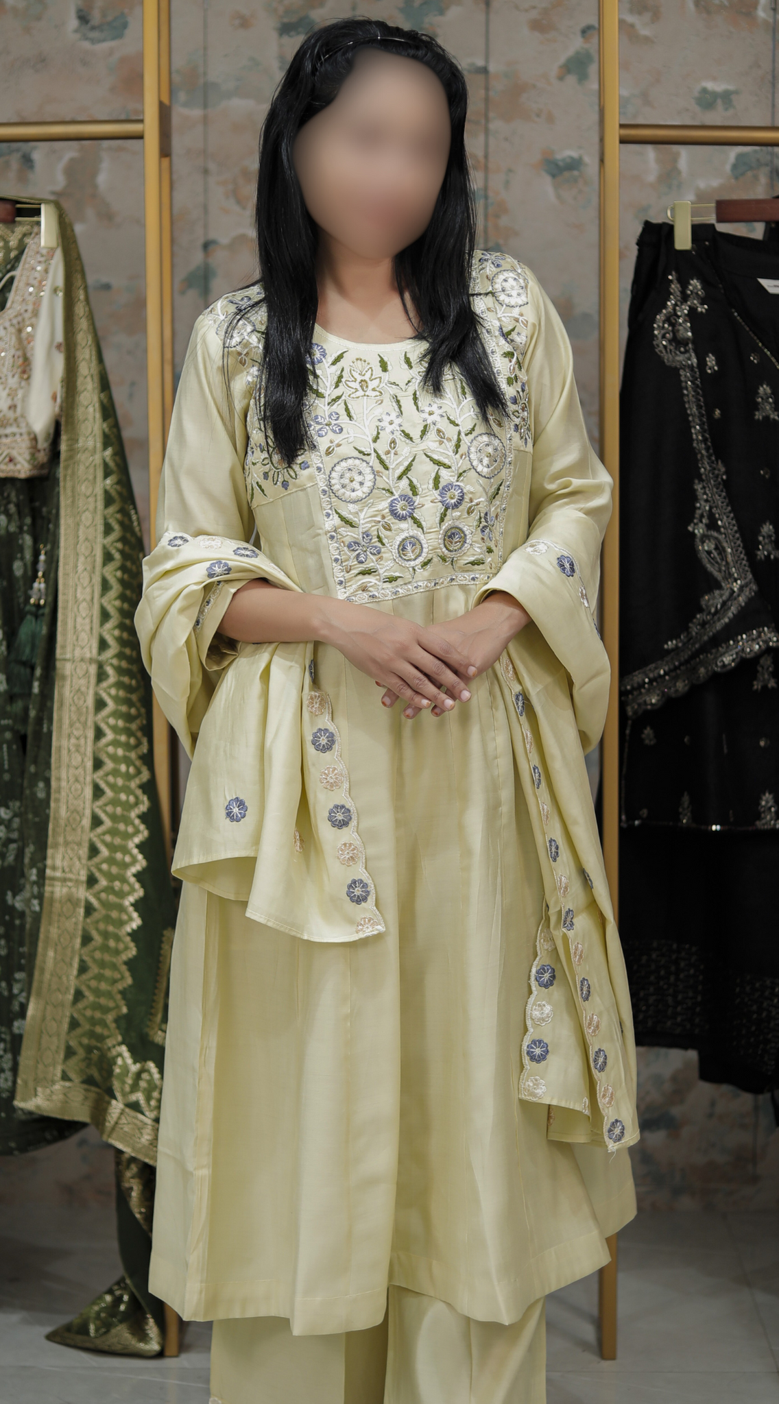 Pastel Yellow Kurta Set with Floral Embroidery