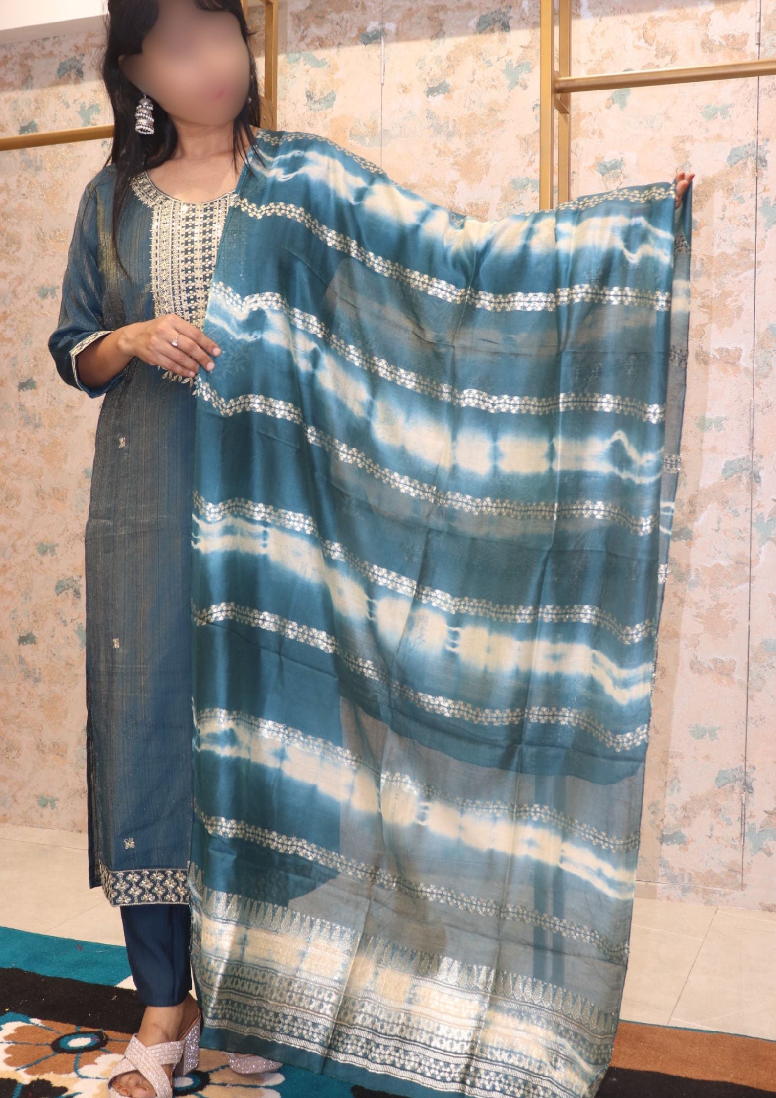 Teal Ethnic Kurta Set with Tie-Dye Dupatta