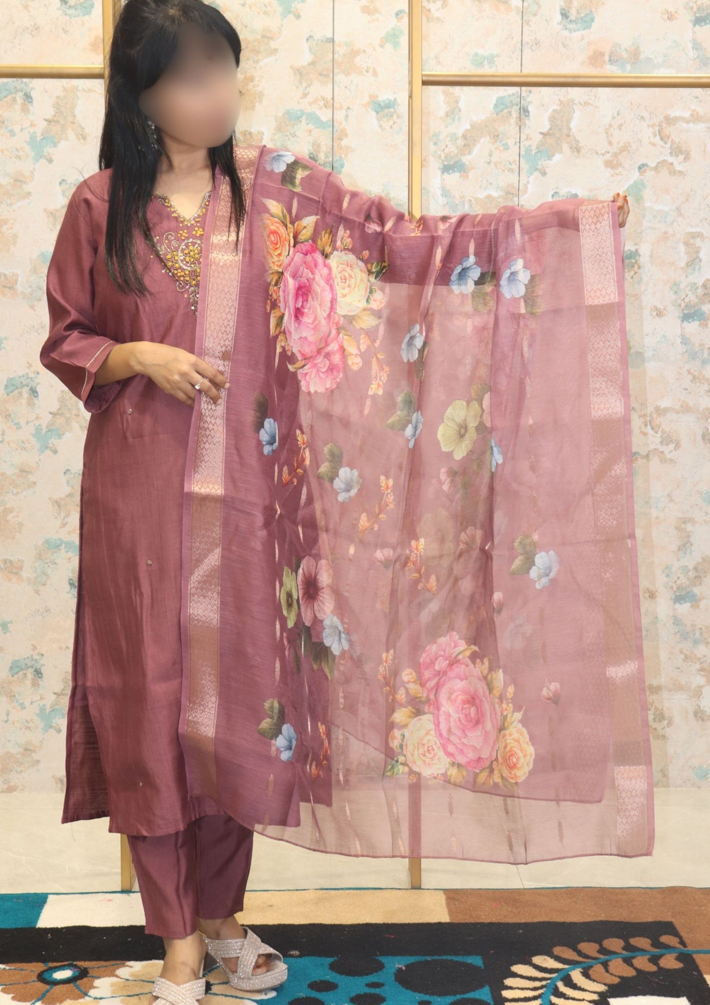 Dusty Rose Kurta Set with Floral Dupatta