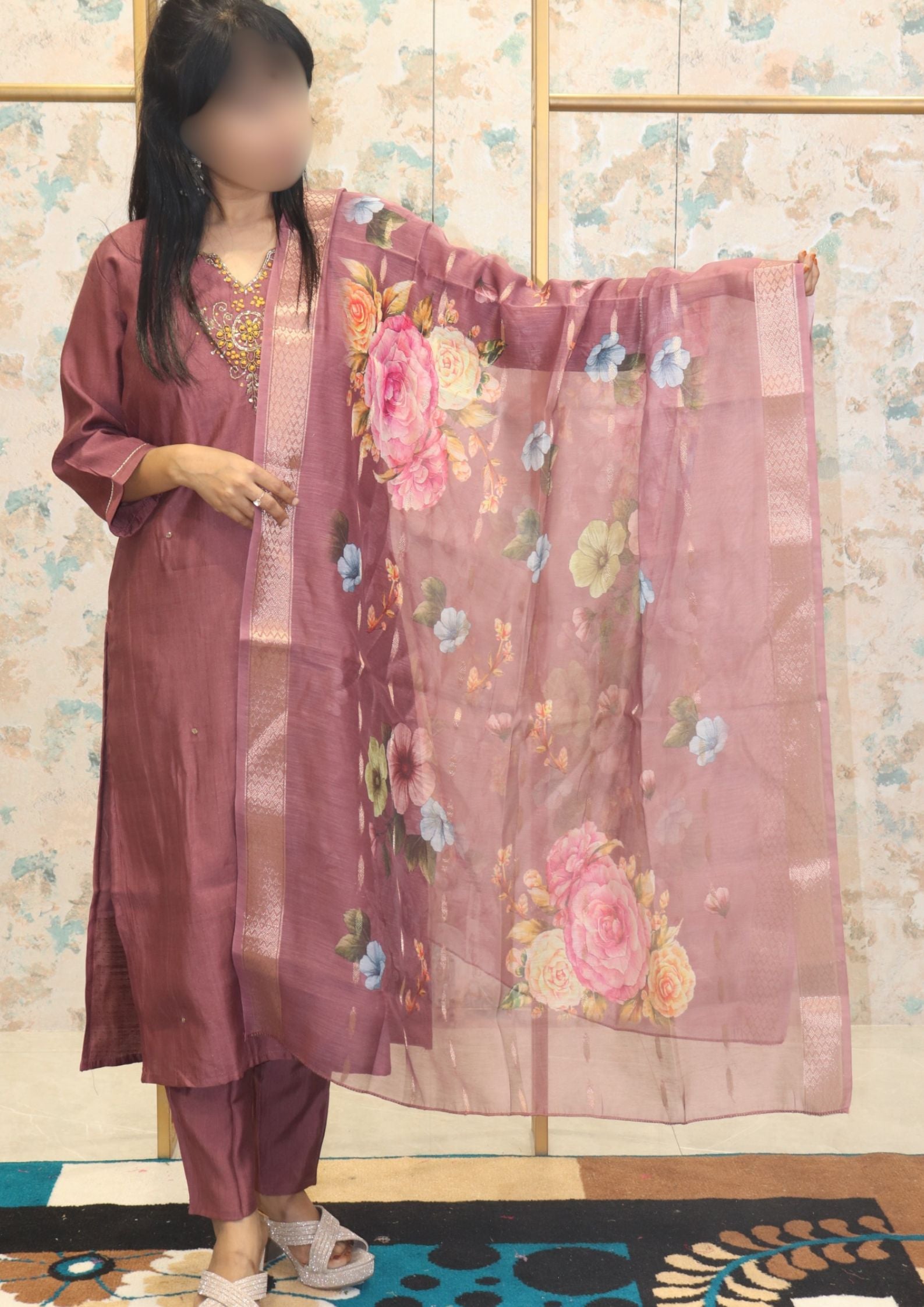 Dusty Rose Kurta Set with Floral Dupatta