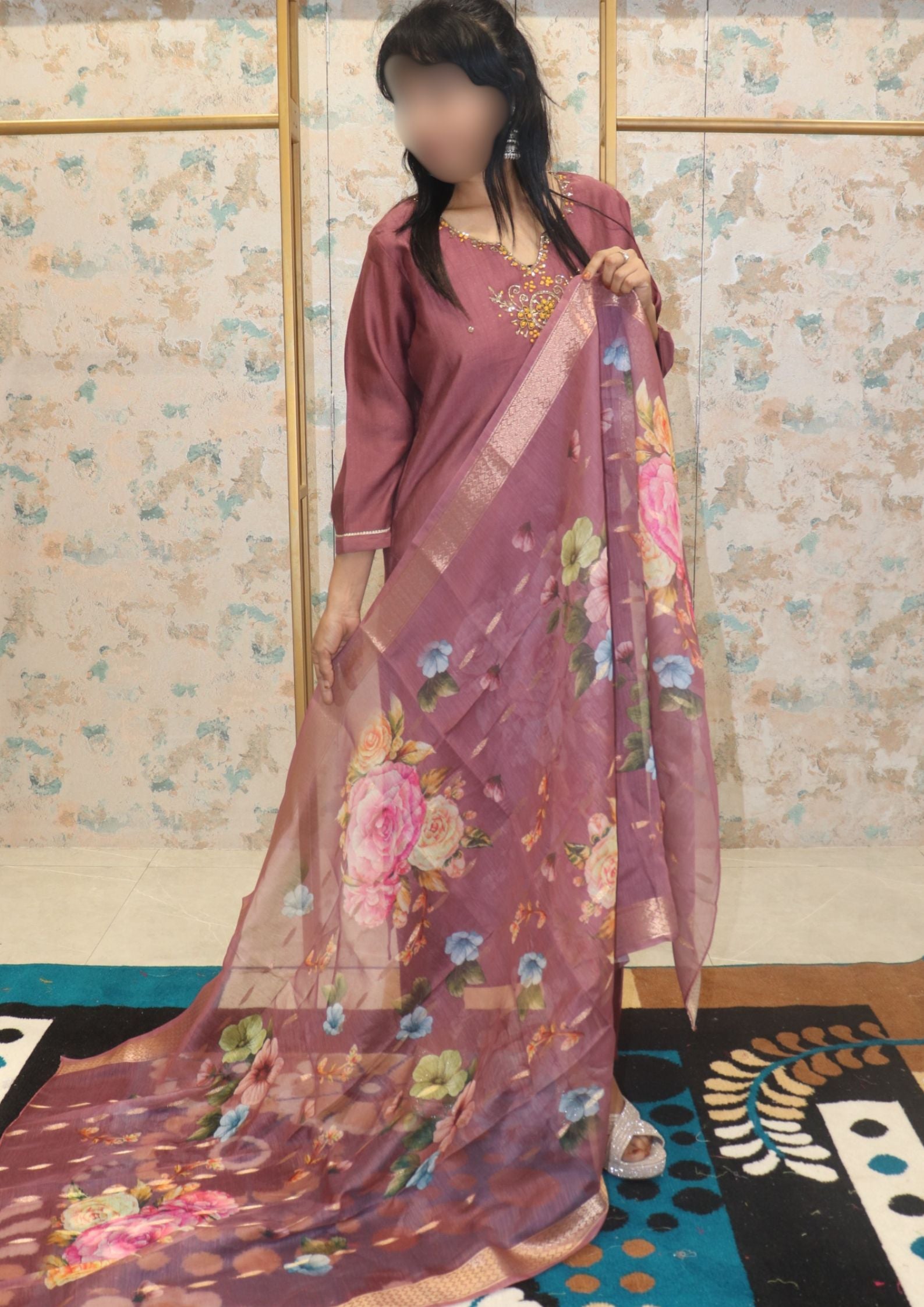 Dusty Rose Kurta Set with Floral Dupatta