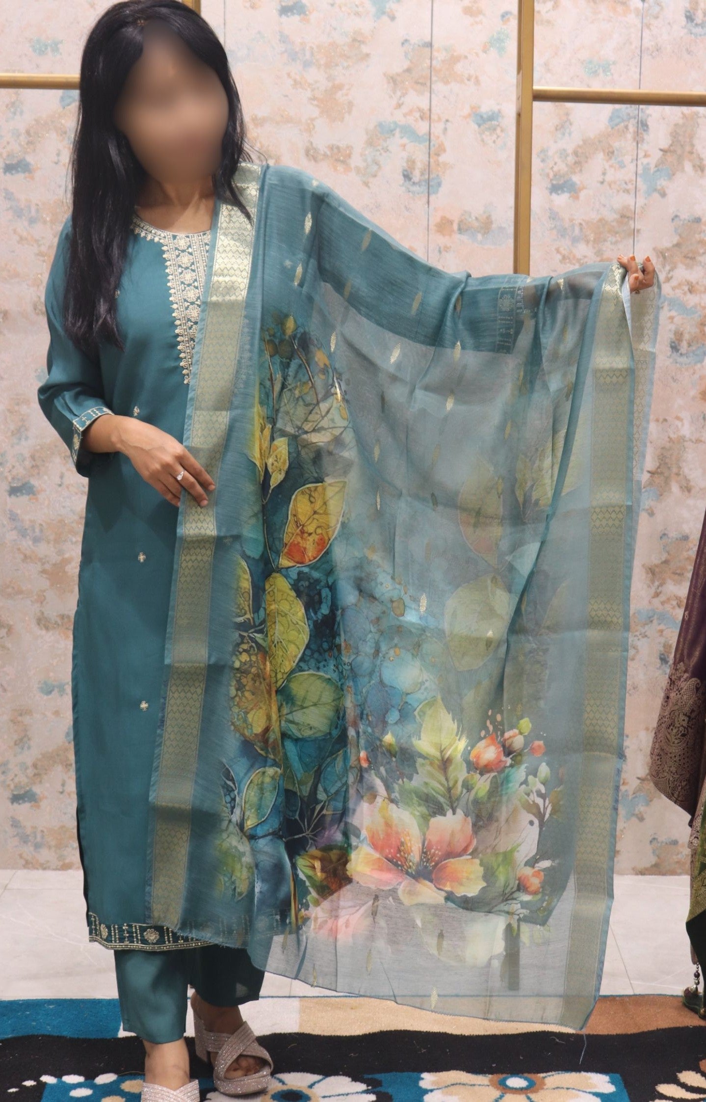Teal Long Kurta Set with Printed Floral Dupatta