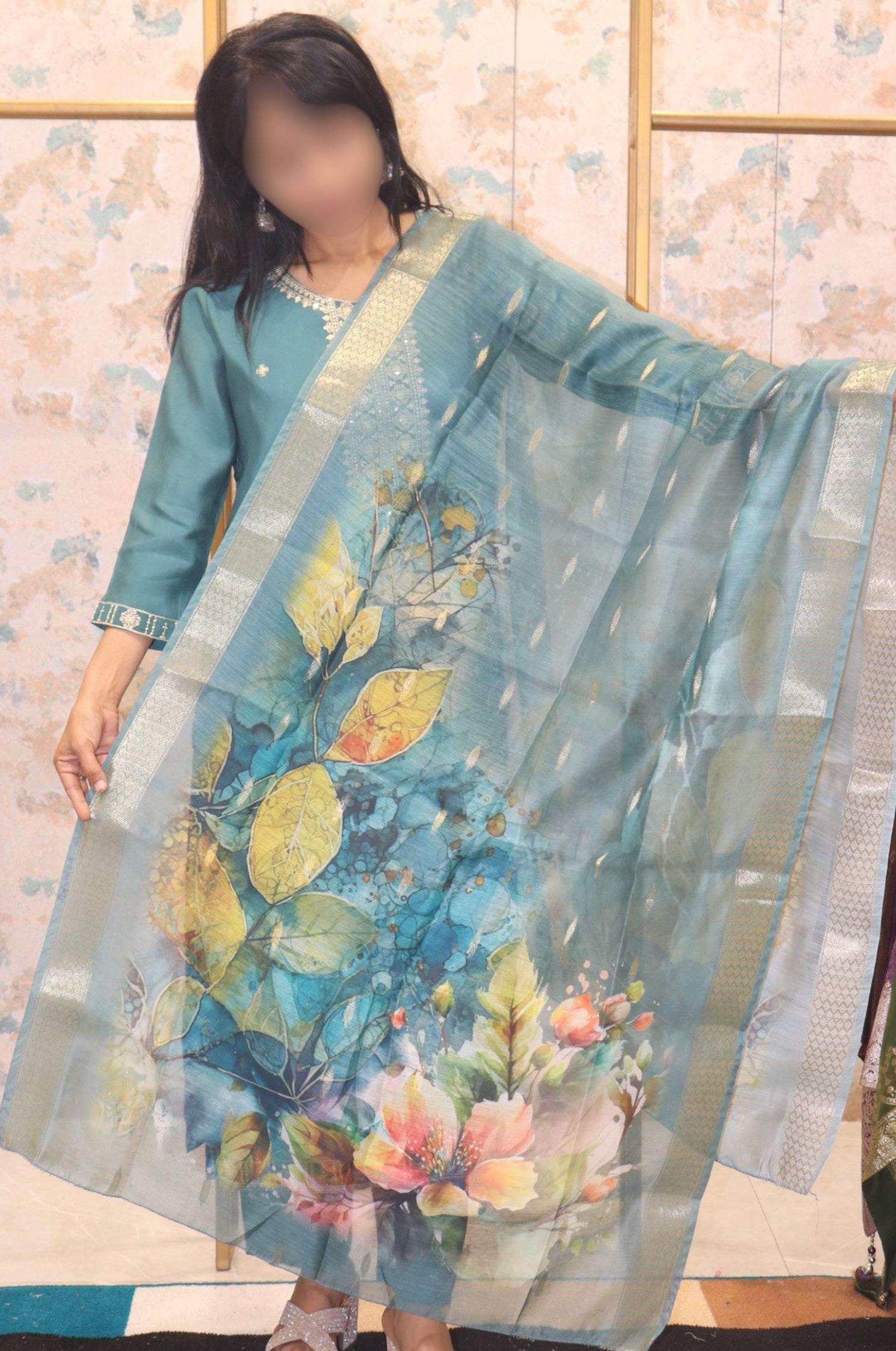Teal Long Kurta Set with Printed Floral Dupatta