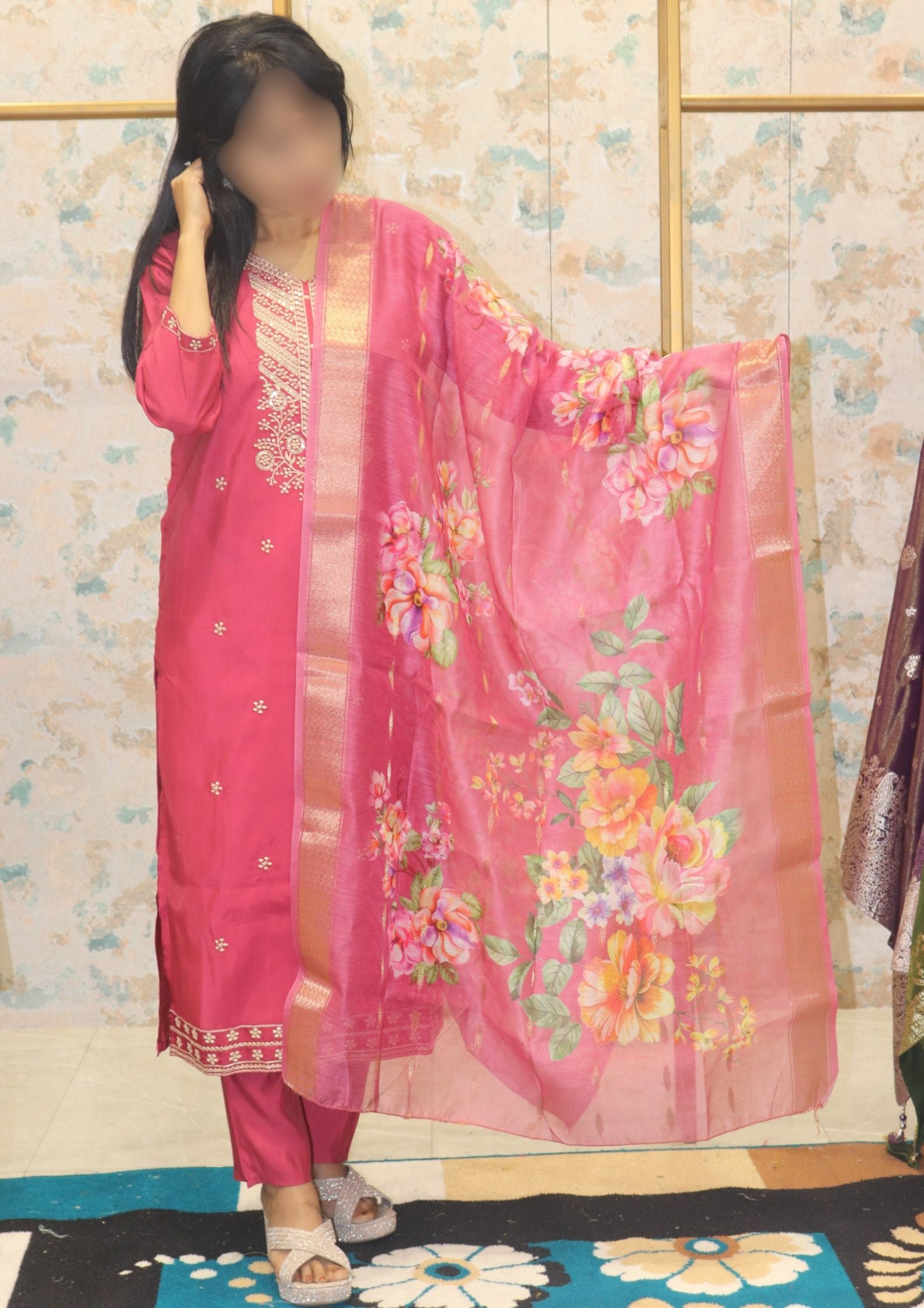 Deep Pink Semi-Formal  Kurta Set with Floral Accents