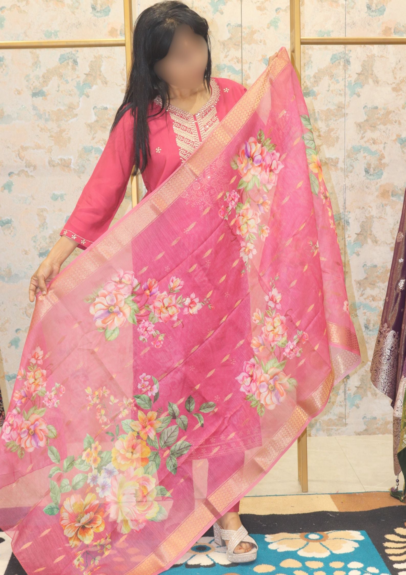 Deep Pink Semi-Formal  Kurta Set with Floral Accents