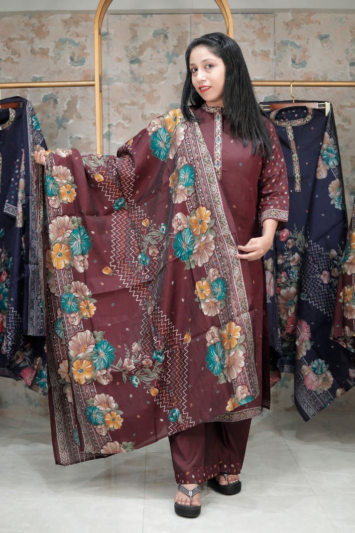 Maroon Floral Printed 3-piece set