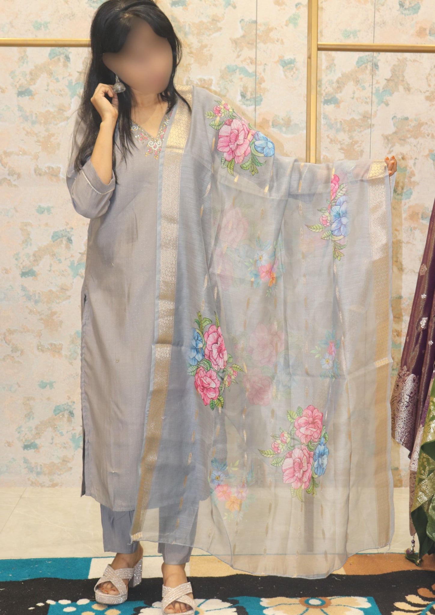 Kurta Set with Printed Dupatta & Embroidery