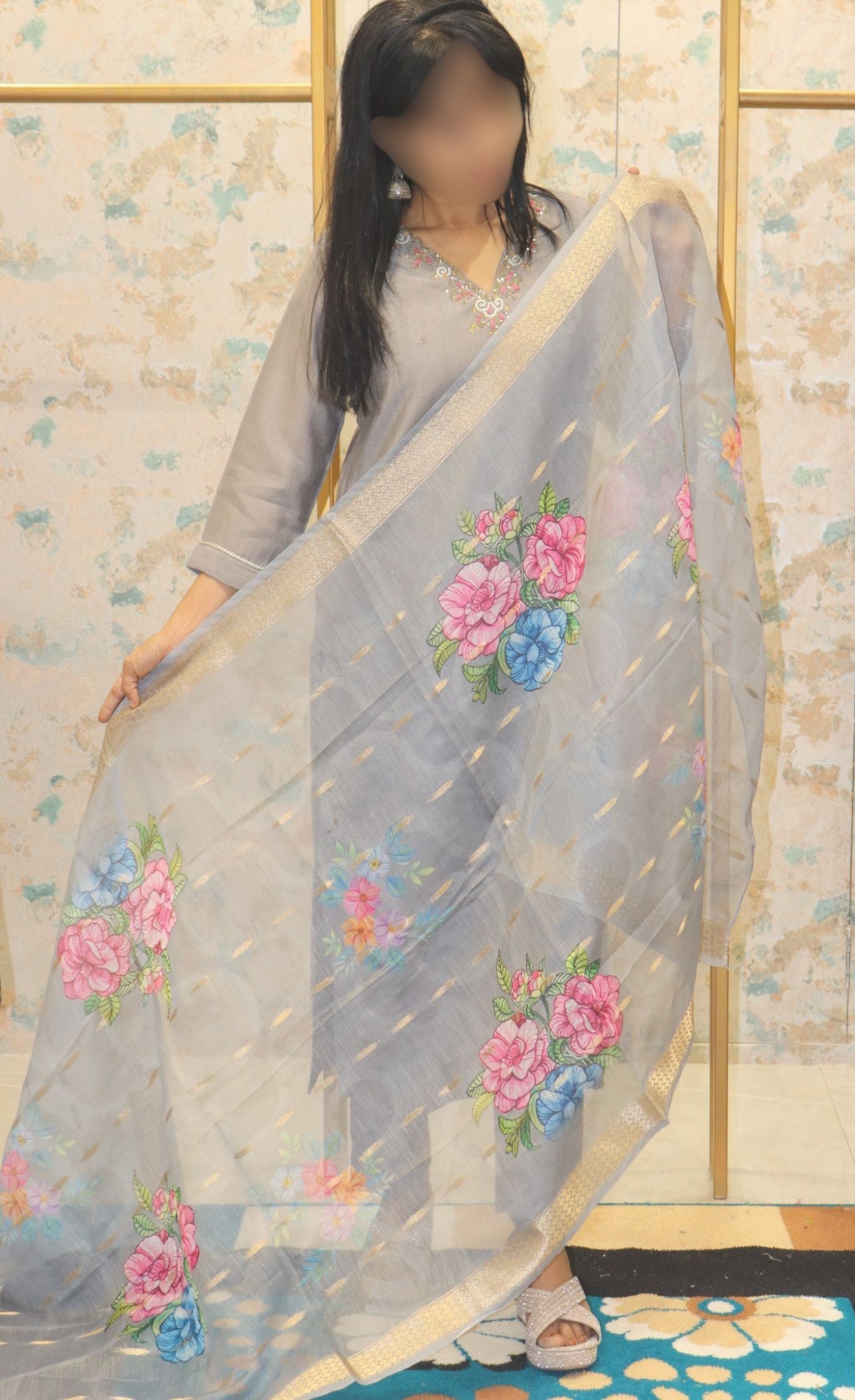 Kurta Set with Printed Dupatta & Embroidery