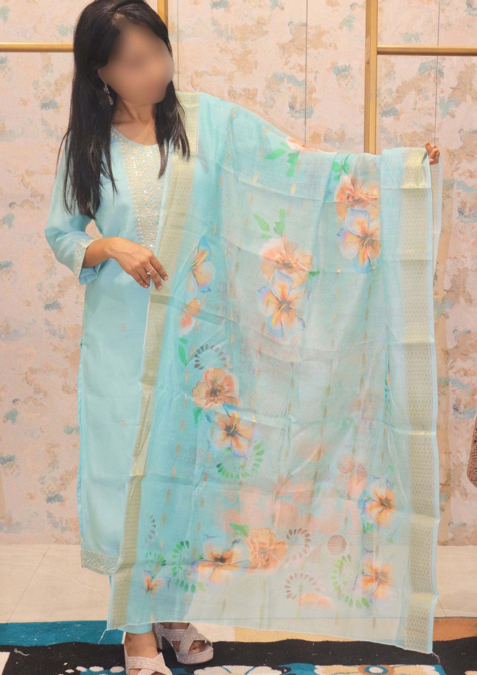 Pastel Blue Kurta Set with Floral Dupatta