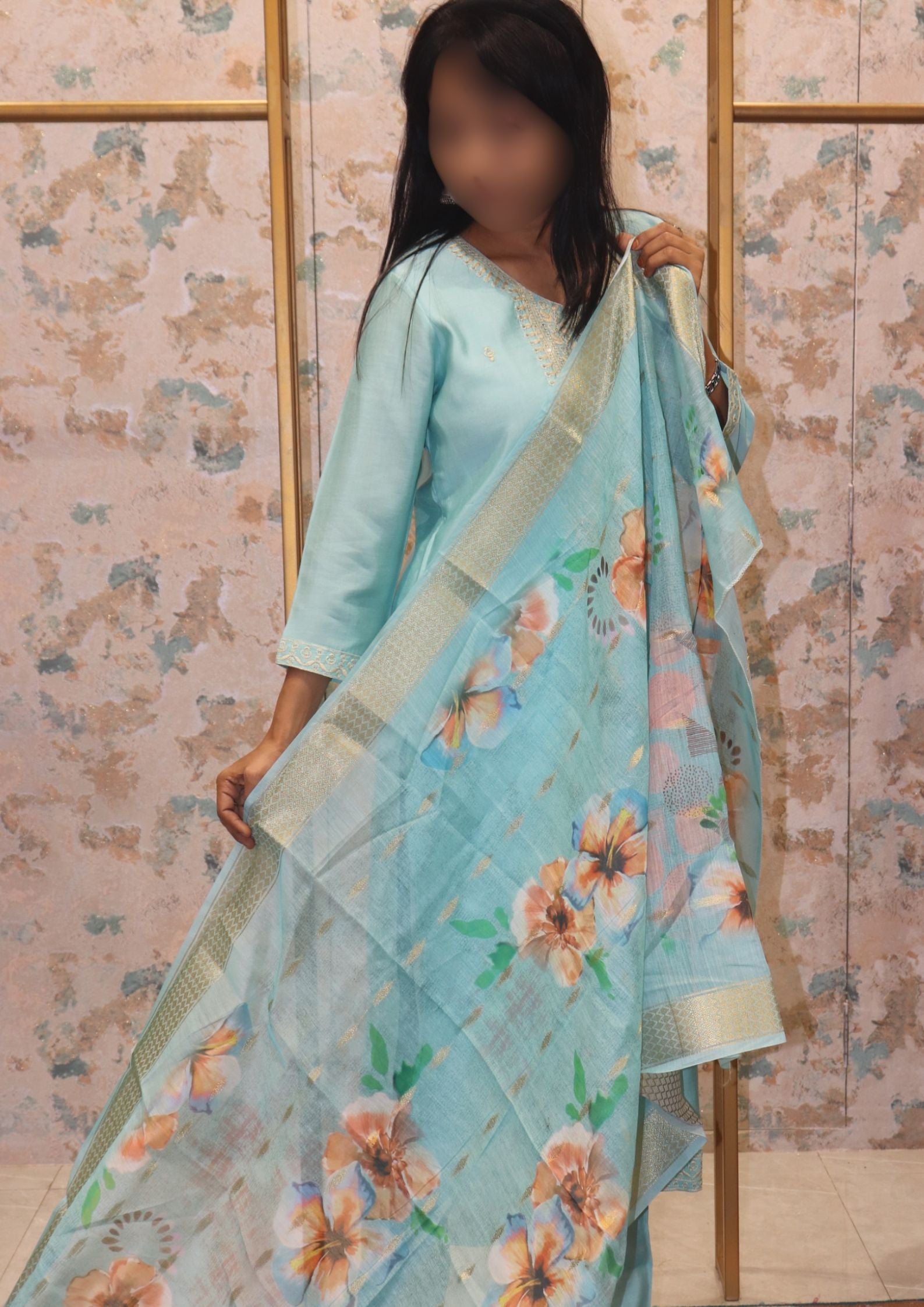 Pastel Blue Kurta Set with Floral Dupatta
