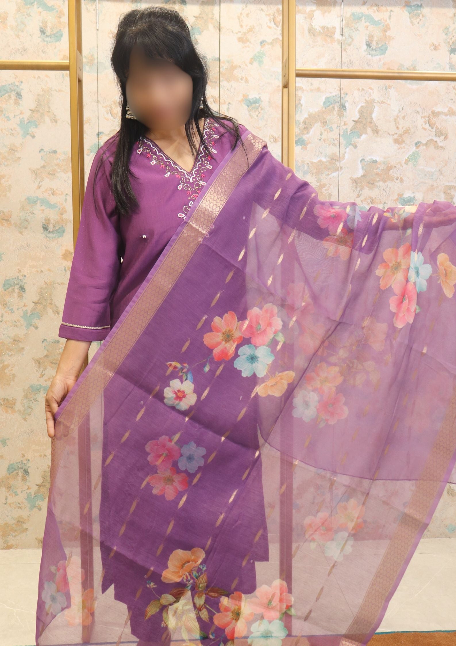 Kurta Set with Embroidered & Pearl Neckline