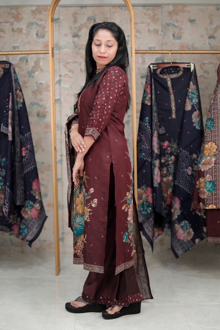 Maroon Floral Printed 3-piece set