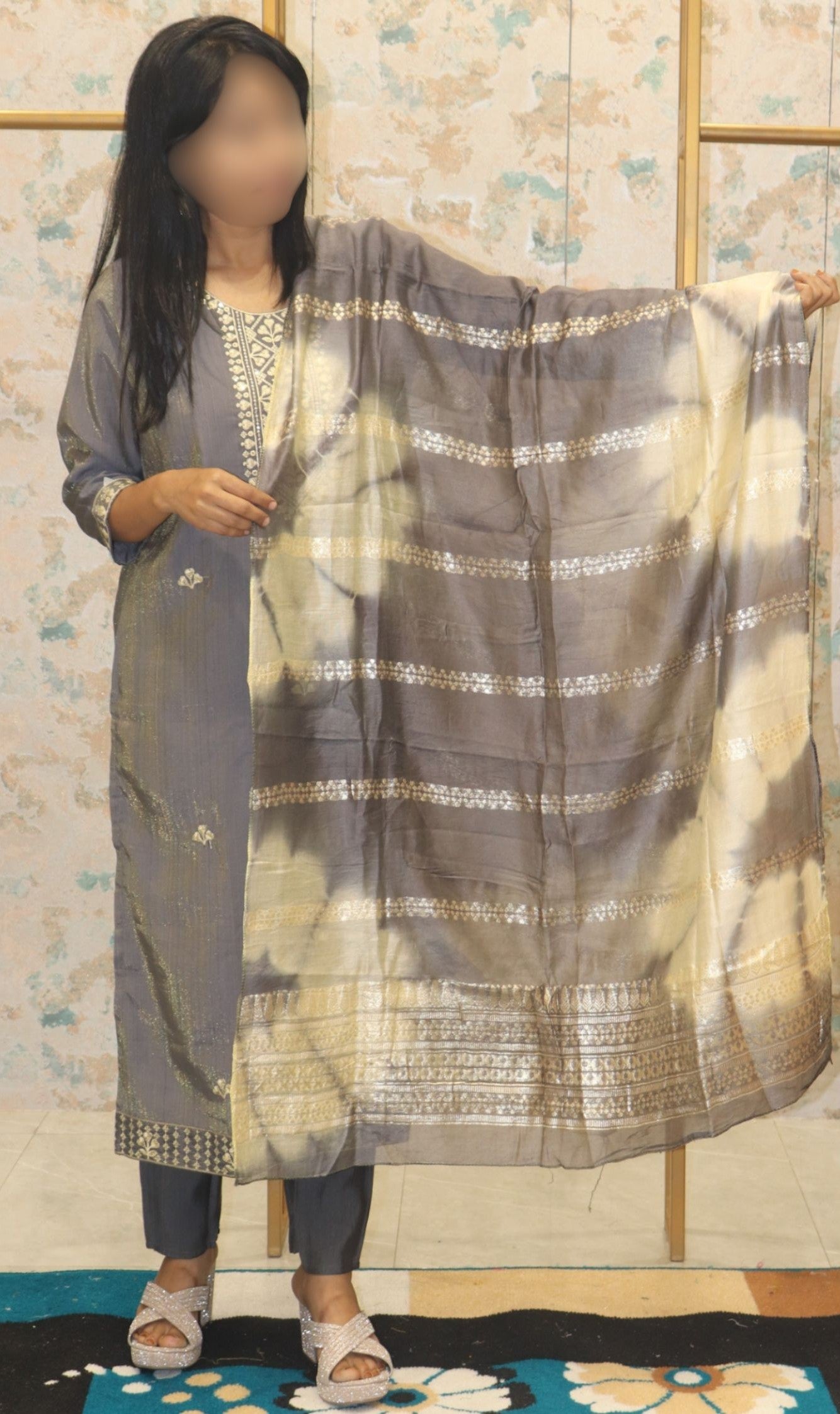 Kurta Set with Tie-Dye Dupatta & Metallic Detailing