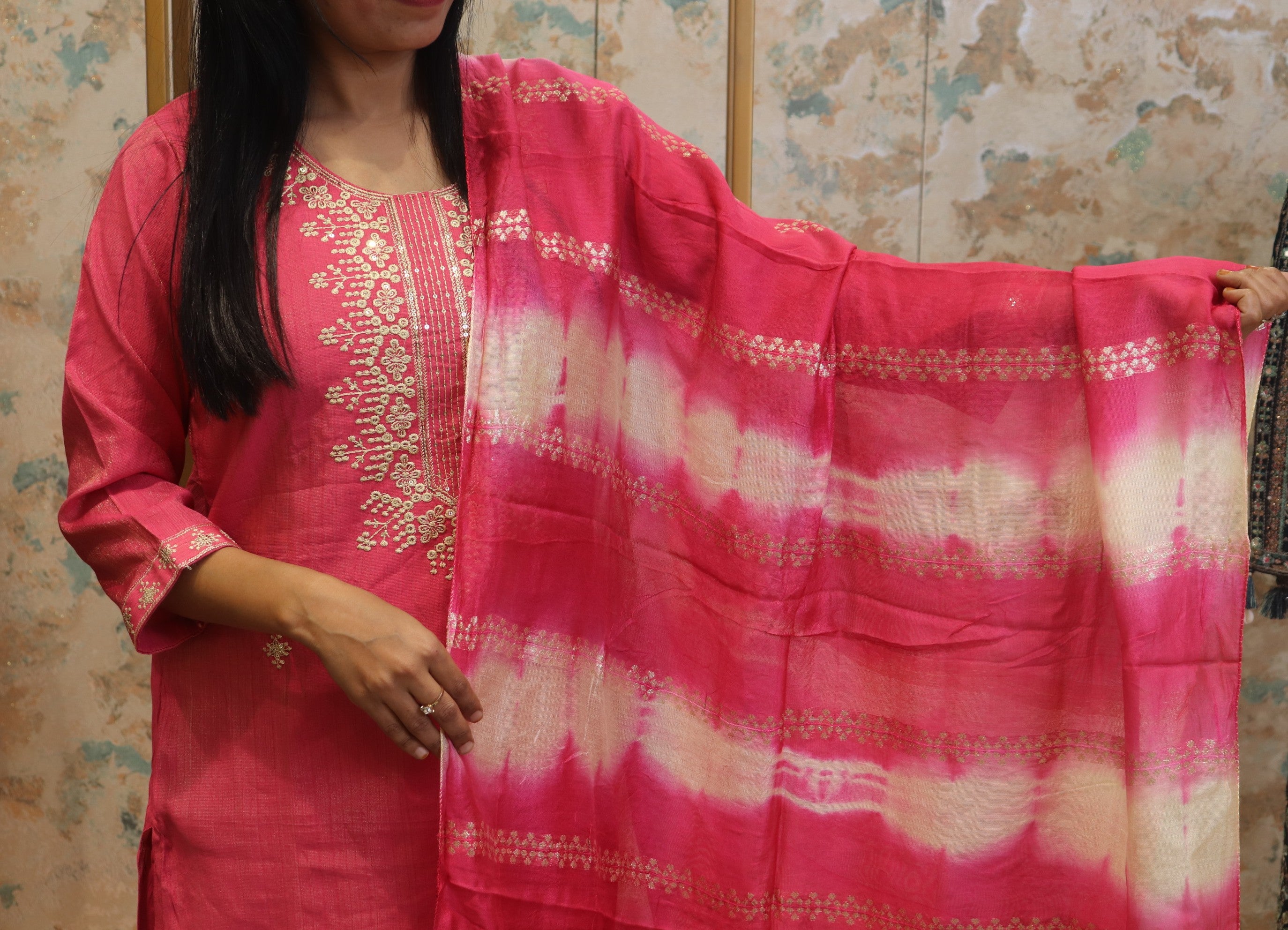 Pink Kurta Set with Embroidered Neckline