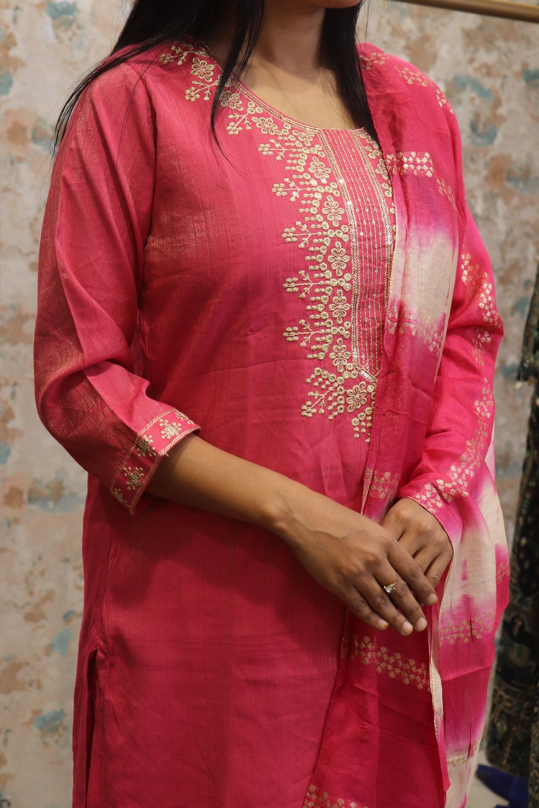Pink Kurta Set with Embroidered Neckline