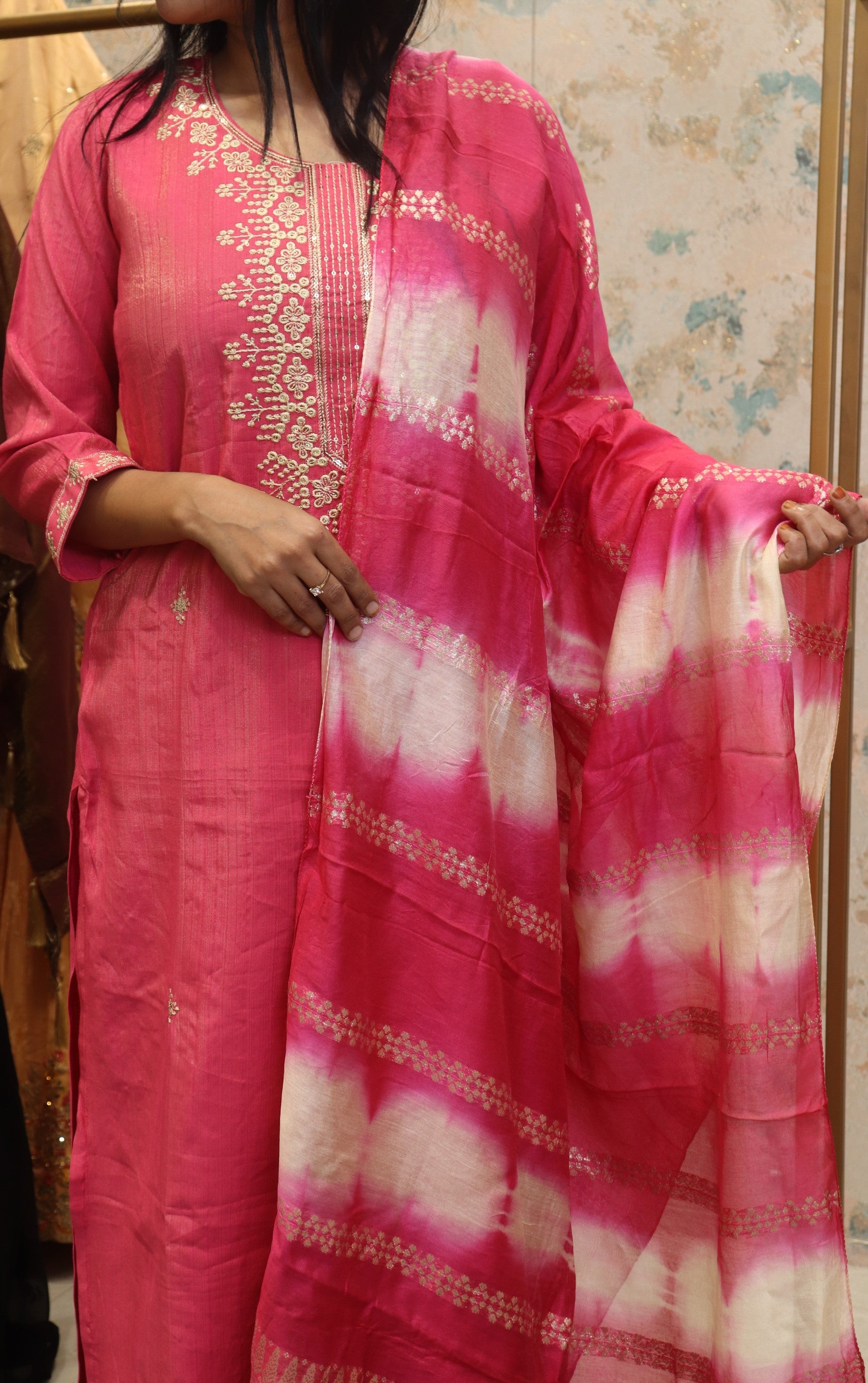 Pink Kurta Set with Embroidered Neckline