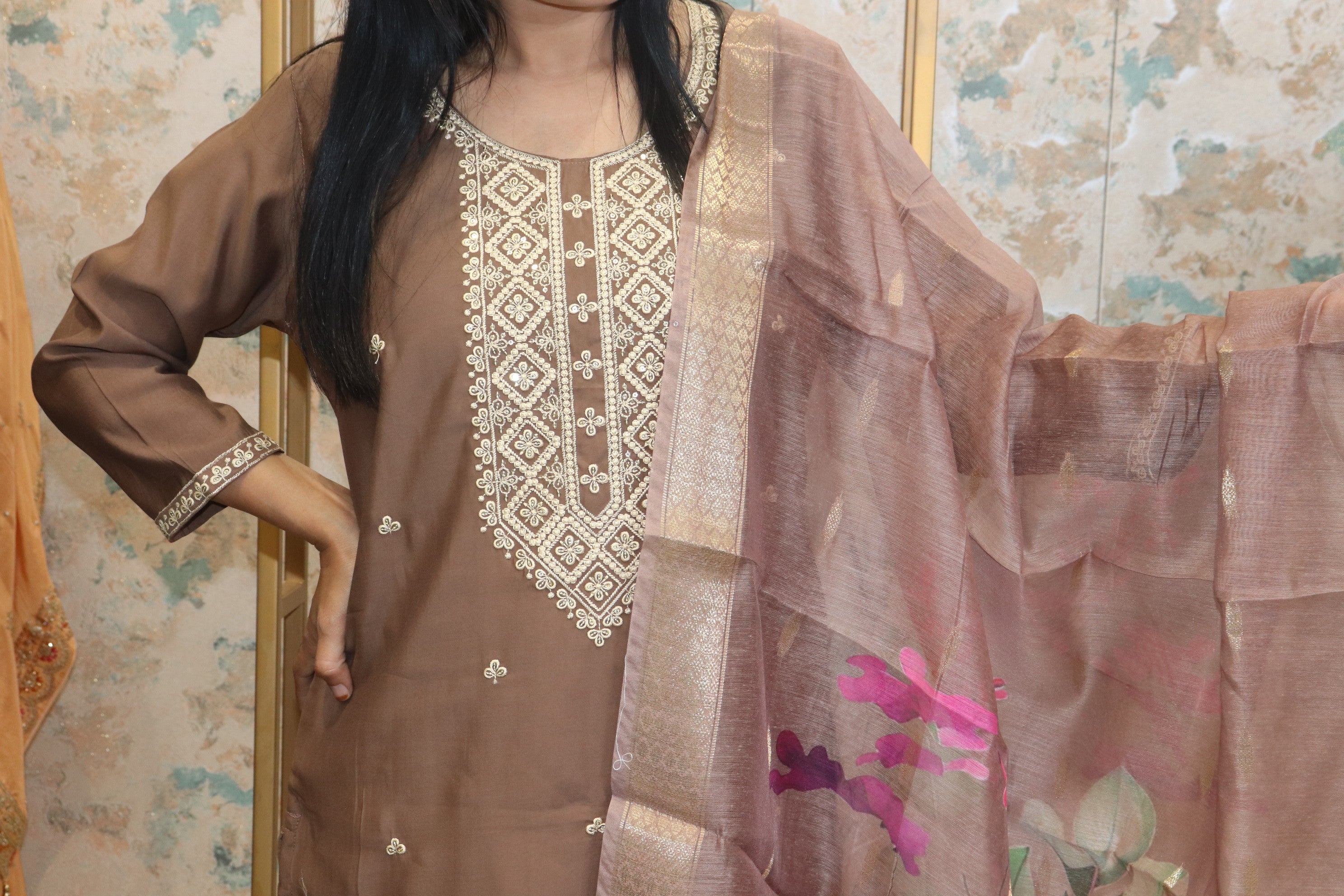 Rich Brown Straight Kurta Set with Floral Dupatta