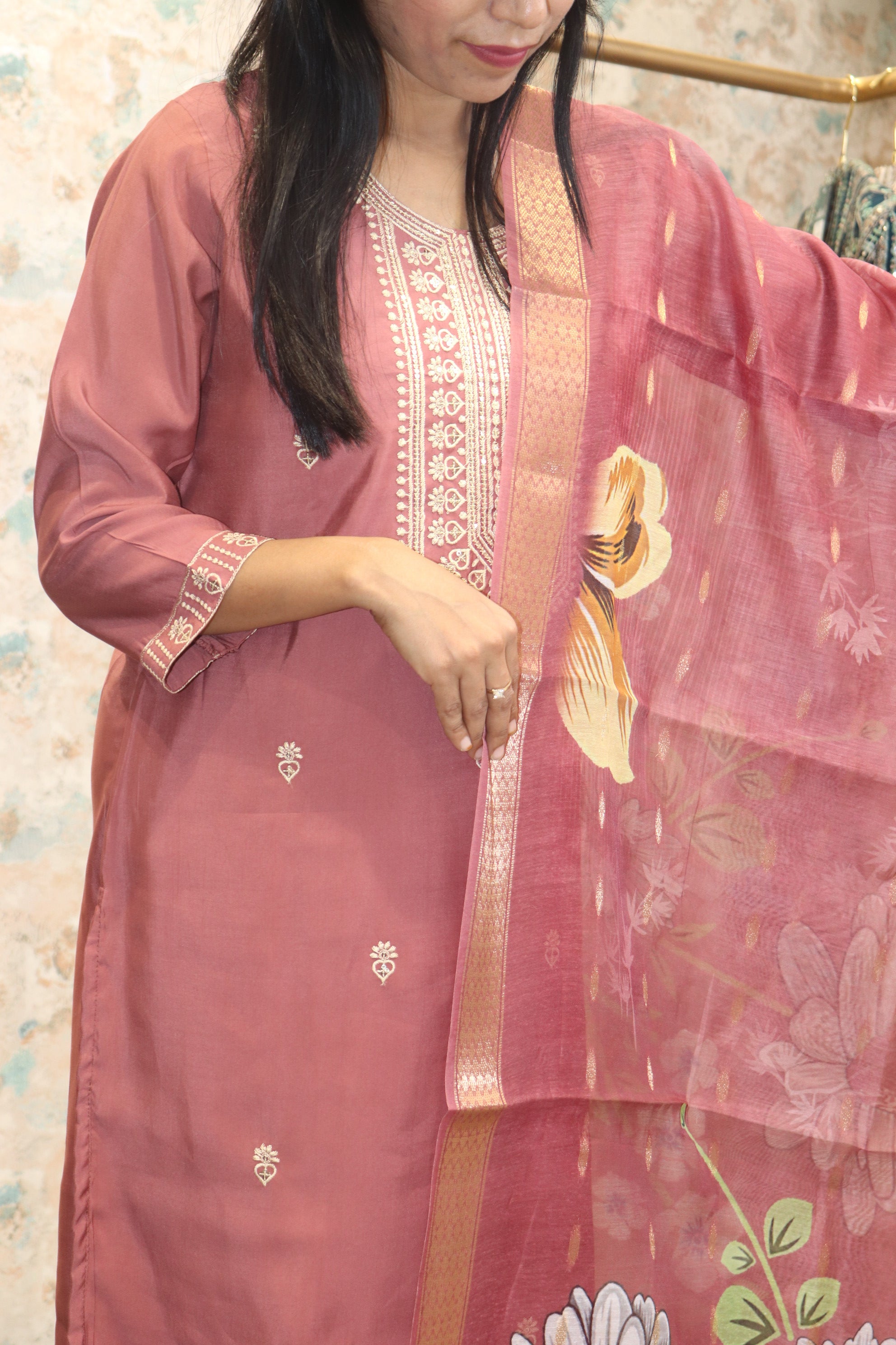 Dusty Rose Kurta Set Cotton-Silk Blend