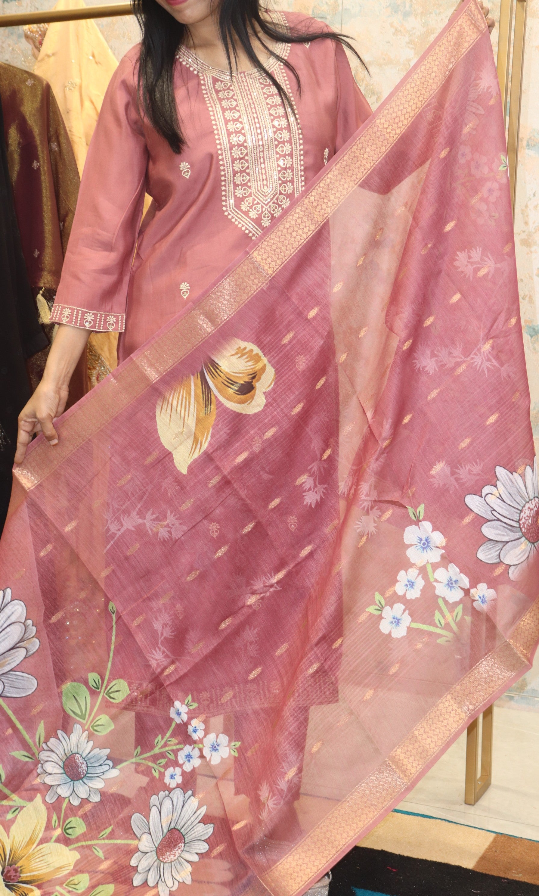 Dusty Rose Kurta Set Cotton-Silk Blend