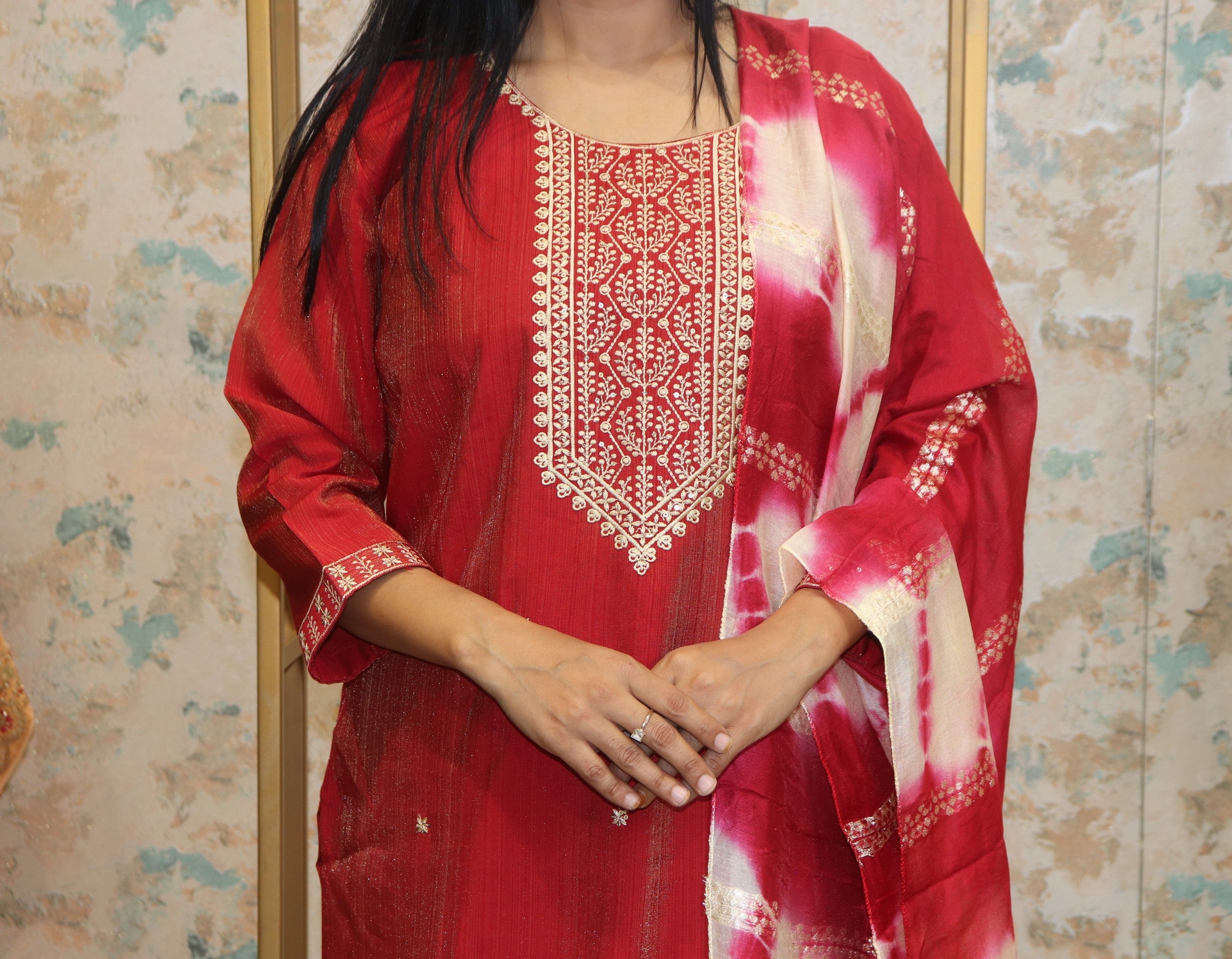 Red Kurta Set with Embroidered Neckline