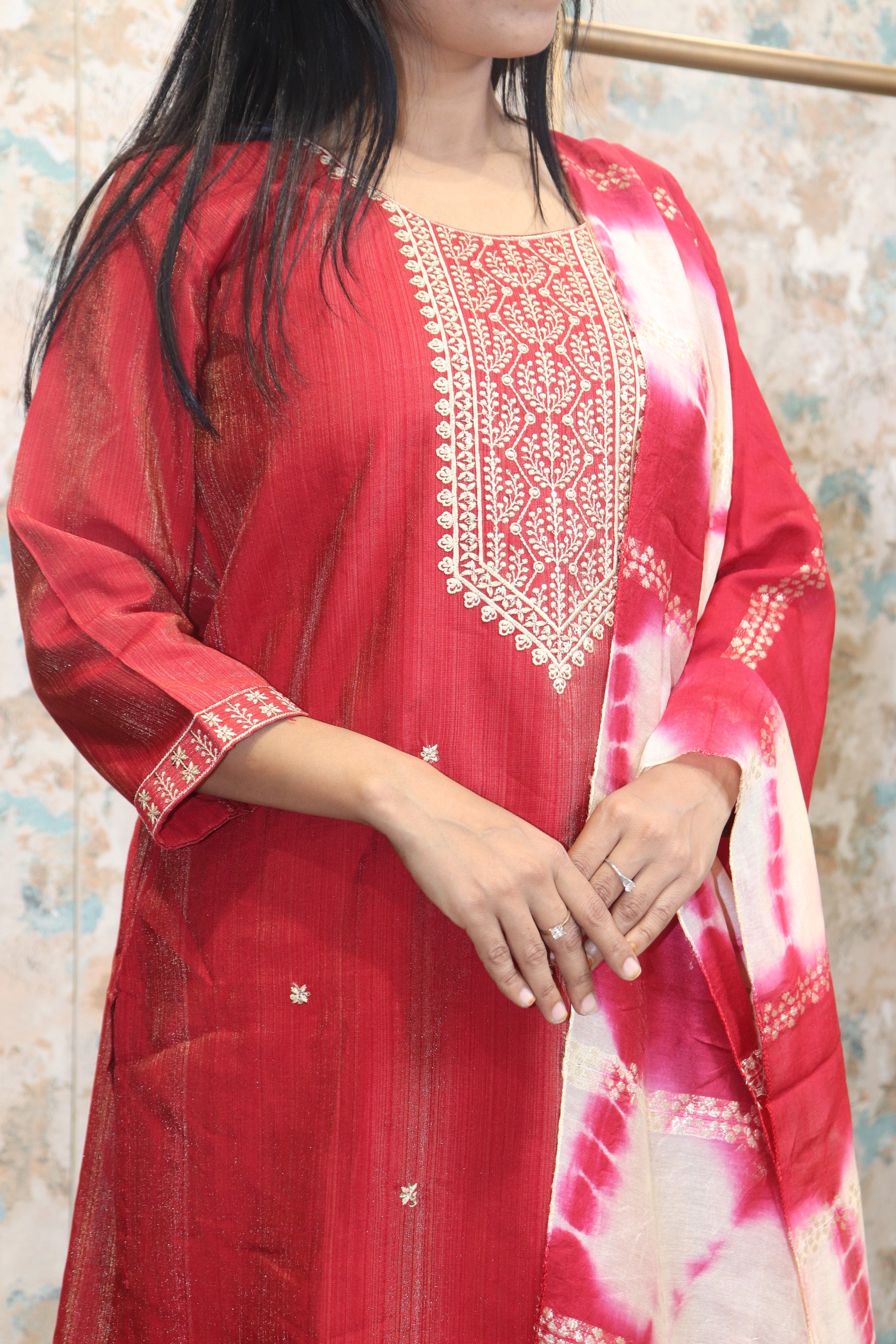 Red Kurta Set with Embroidered Neckline