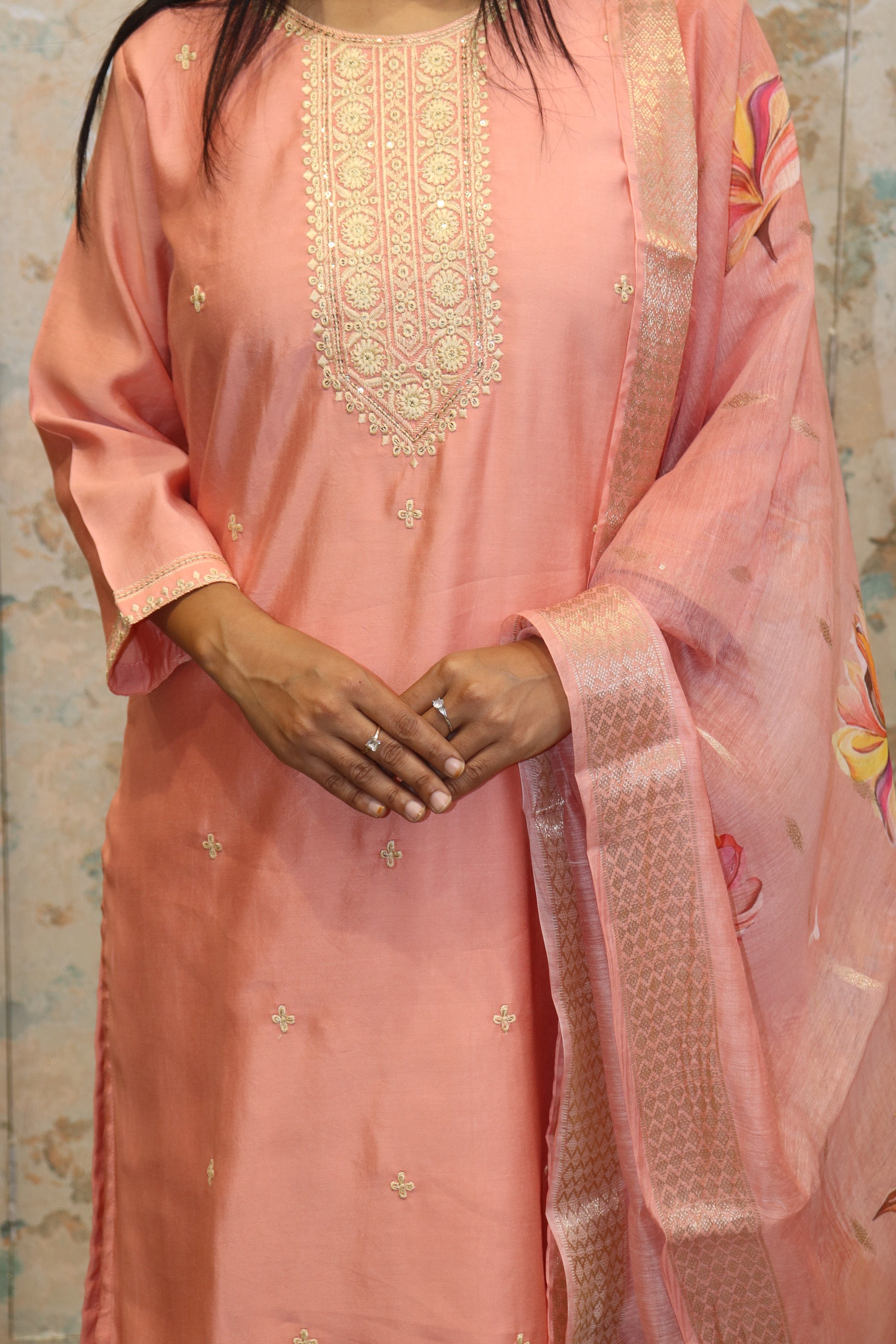 Peach Kurti Set with Organza Dupatta