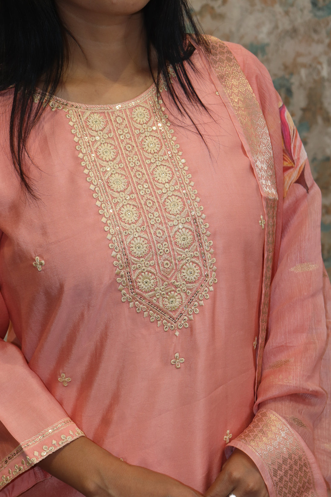 Peach Kurti Set with Organza Dupatta