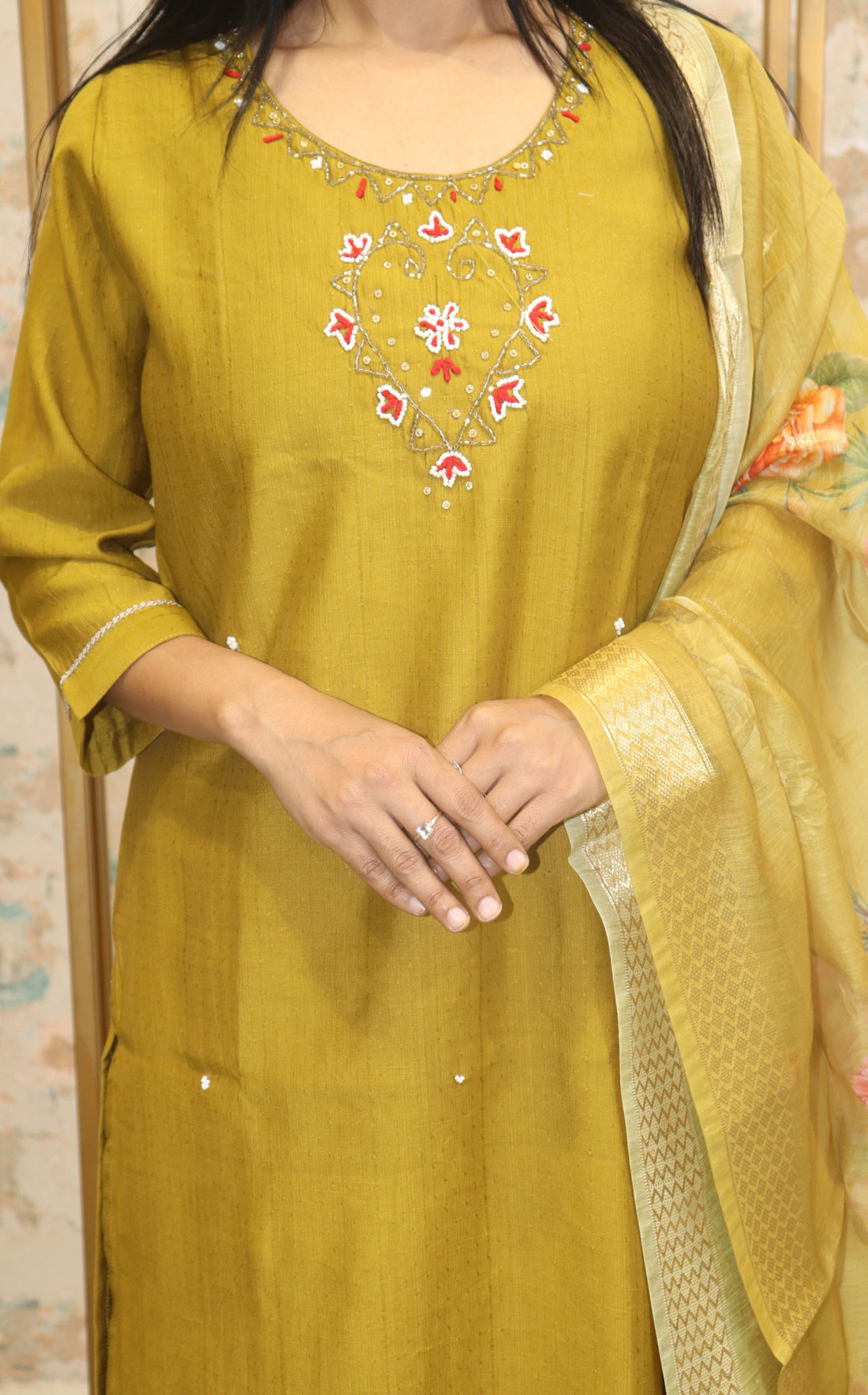 Mustard Yellow Kurti Set & Organza Dupatta