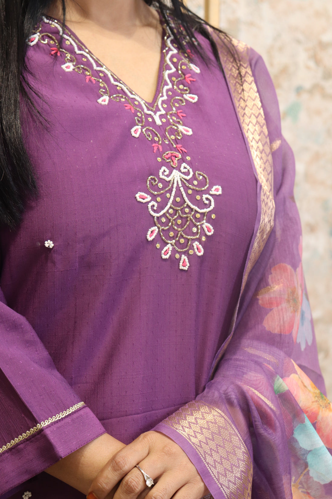 Kurta Set with Embroidered & Pearl Neckline
