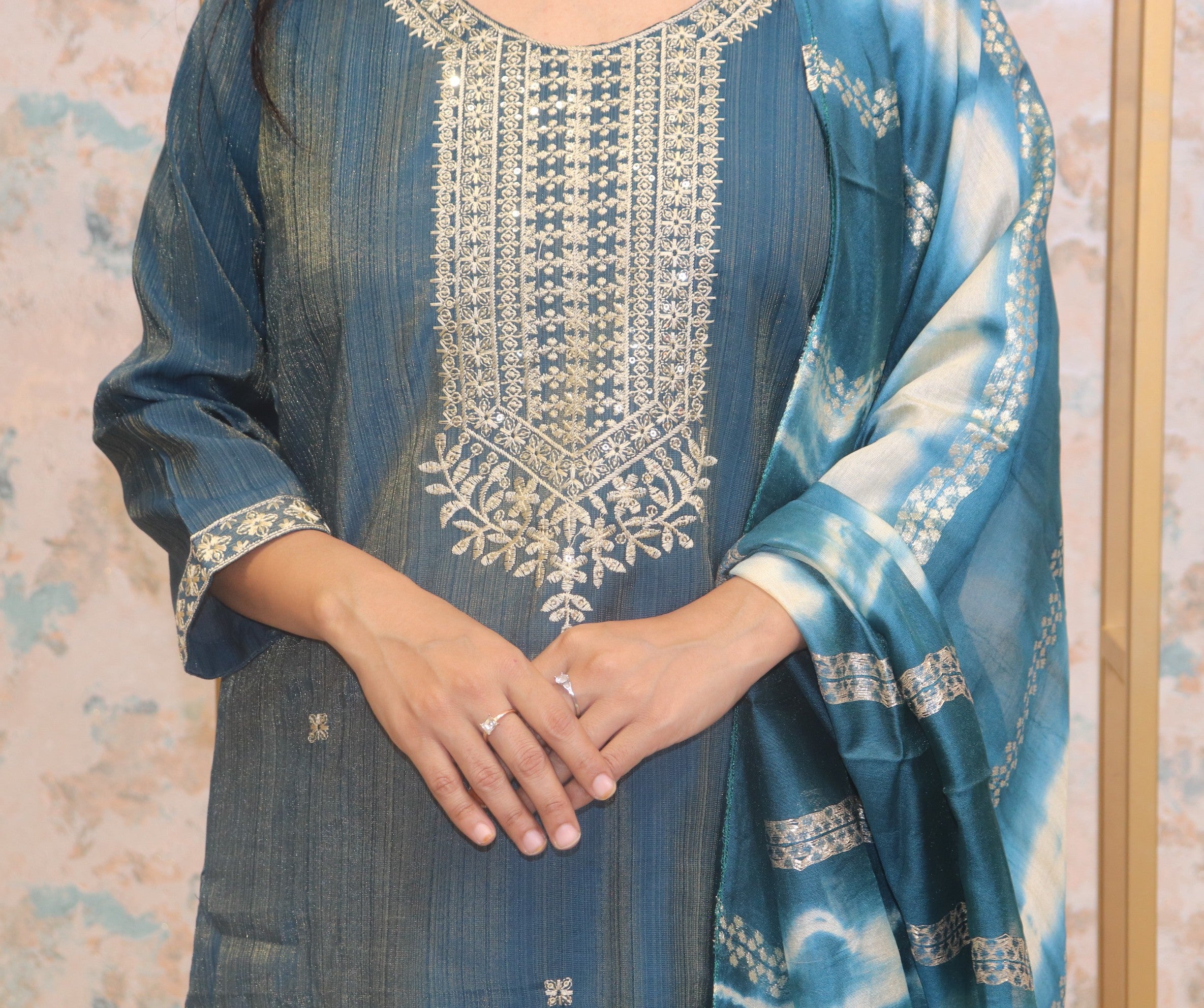 Teal Ethnic Kurta Set with Tie-Dye Dupatta
