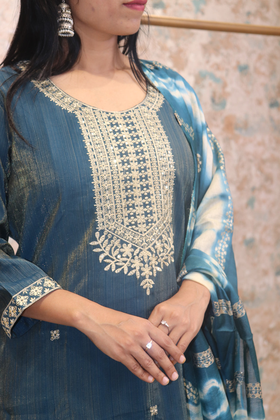 Teal Ethnic Kurta Set with Tie-Dye Dupatta