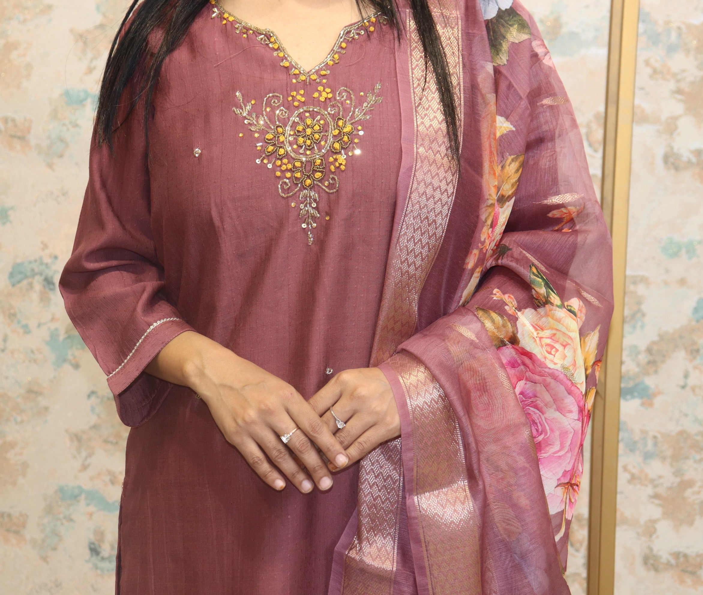 Dusty Rose Kurta Set with Floral Dupatta