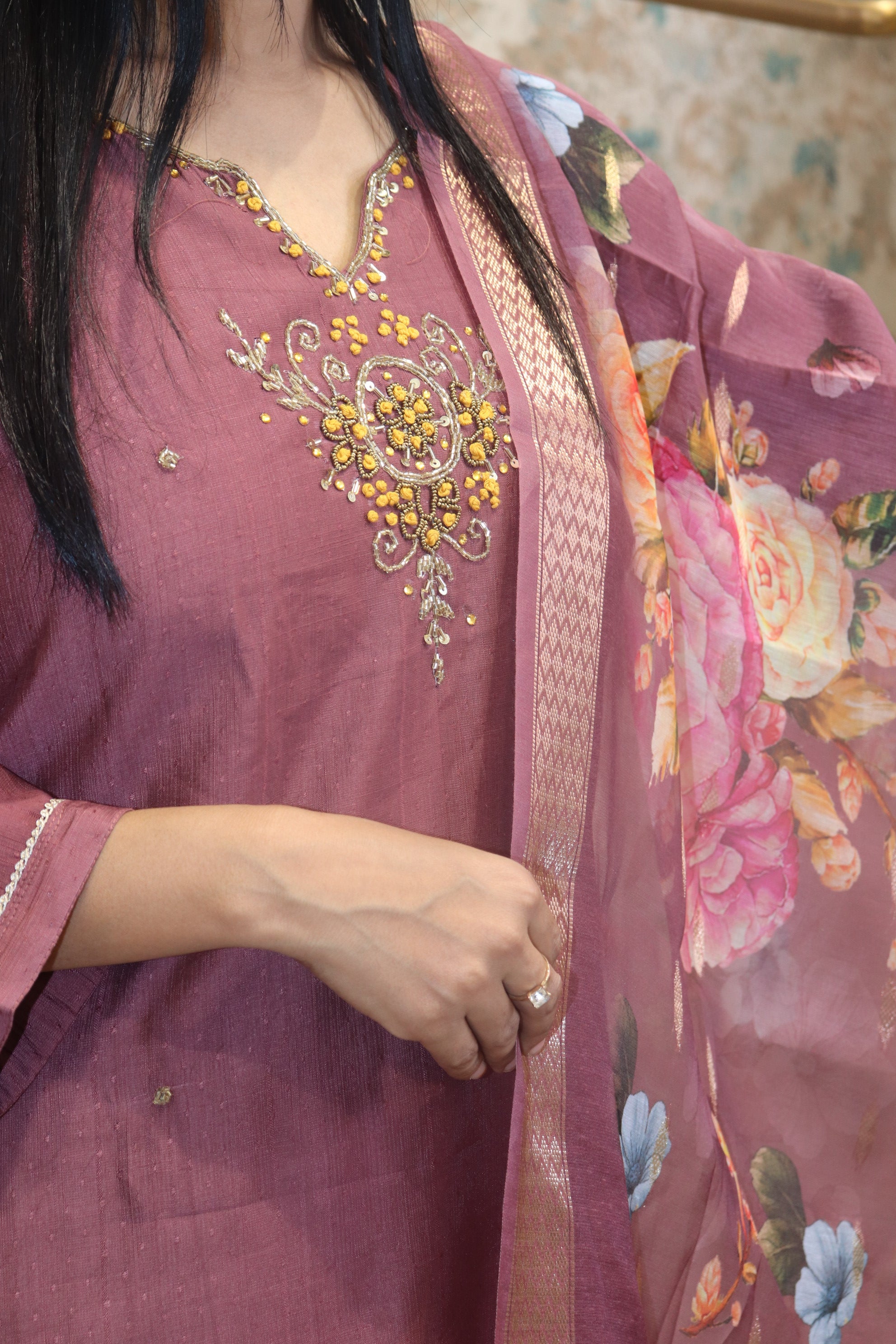 Dusty Rose Kurta Set with Floral Dupatta
