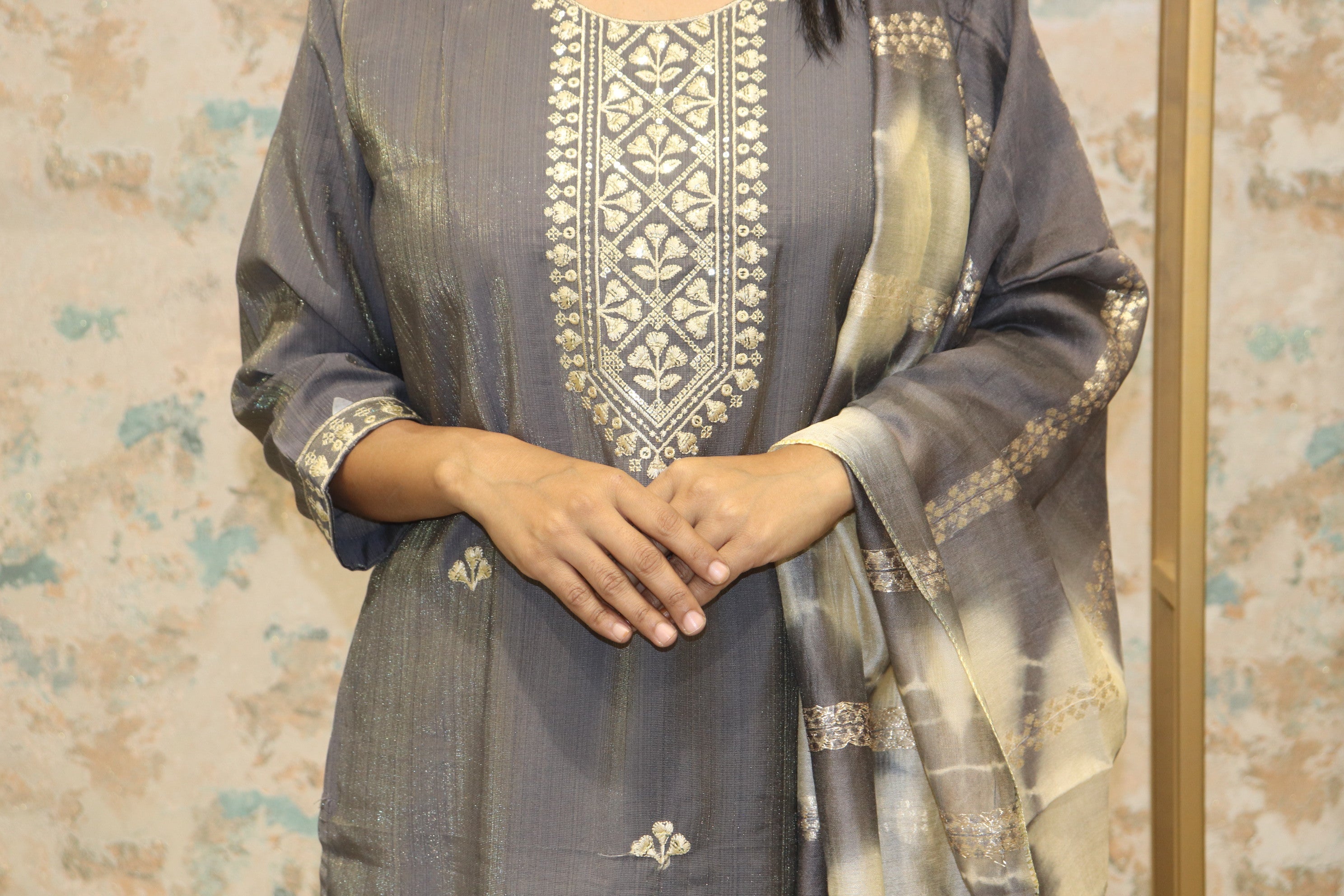 Kurta Set with Tie-Dye Dupatta & Metallic Detailing