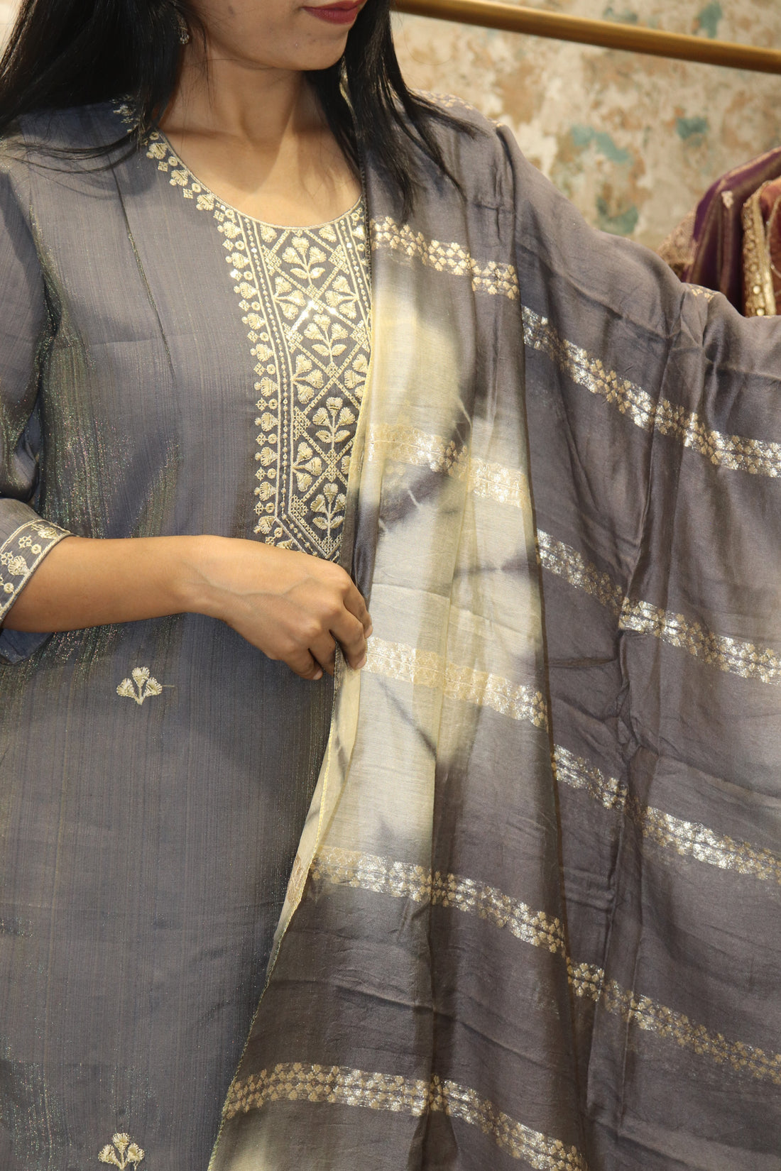 Kurta Set with Tie-Dye Dupatta & Metallic Detailing