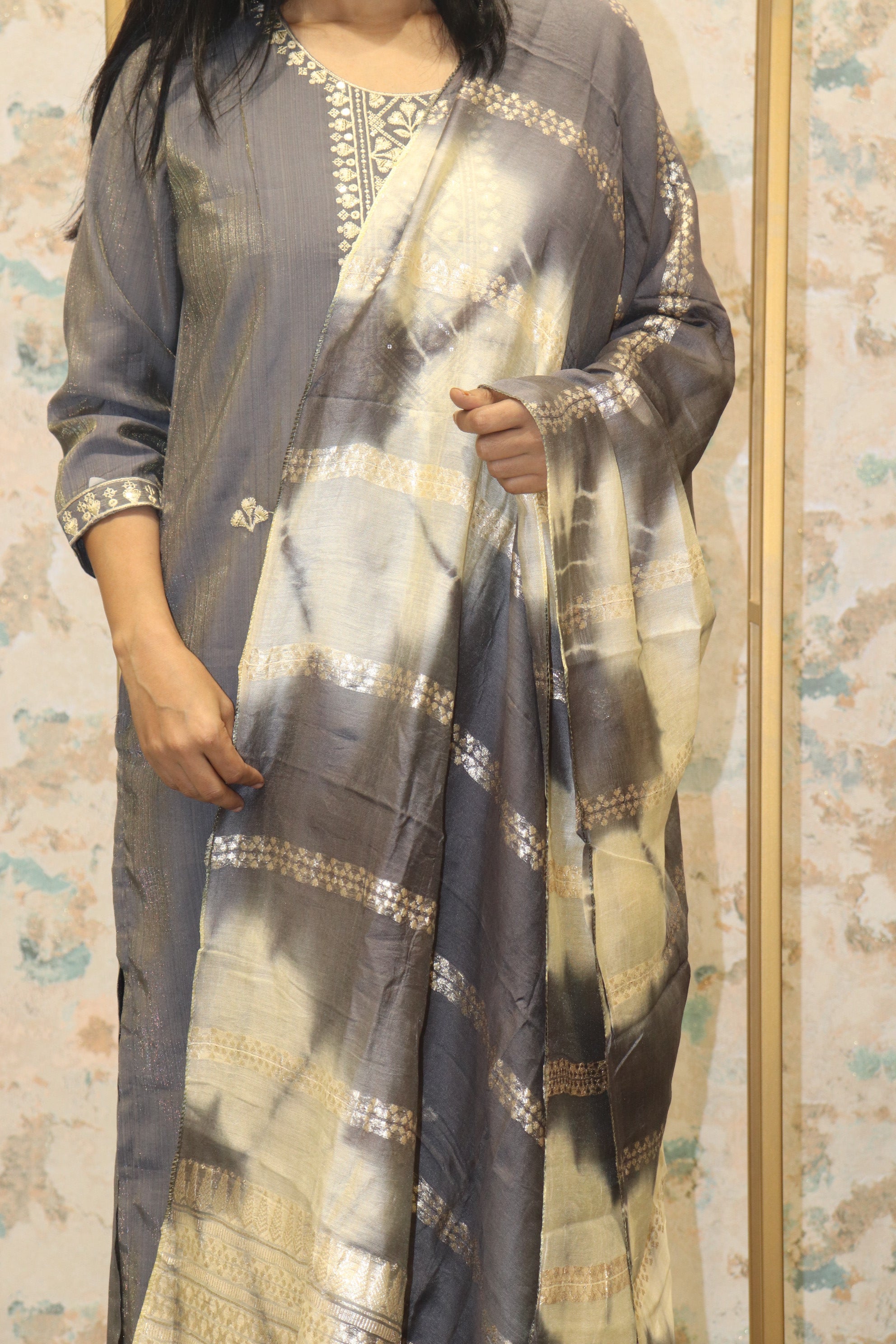 Kurta Set with Tie-Dye Dupatta & Metallic Detailing