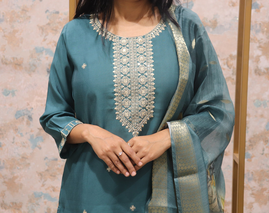 Teal Long Kurta Set with Printed Floral Dupatta