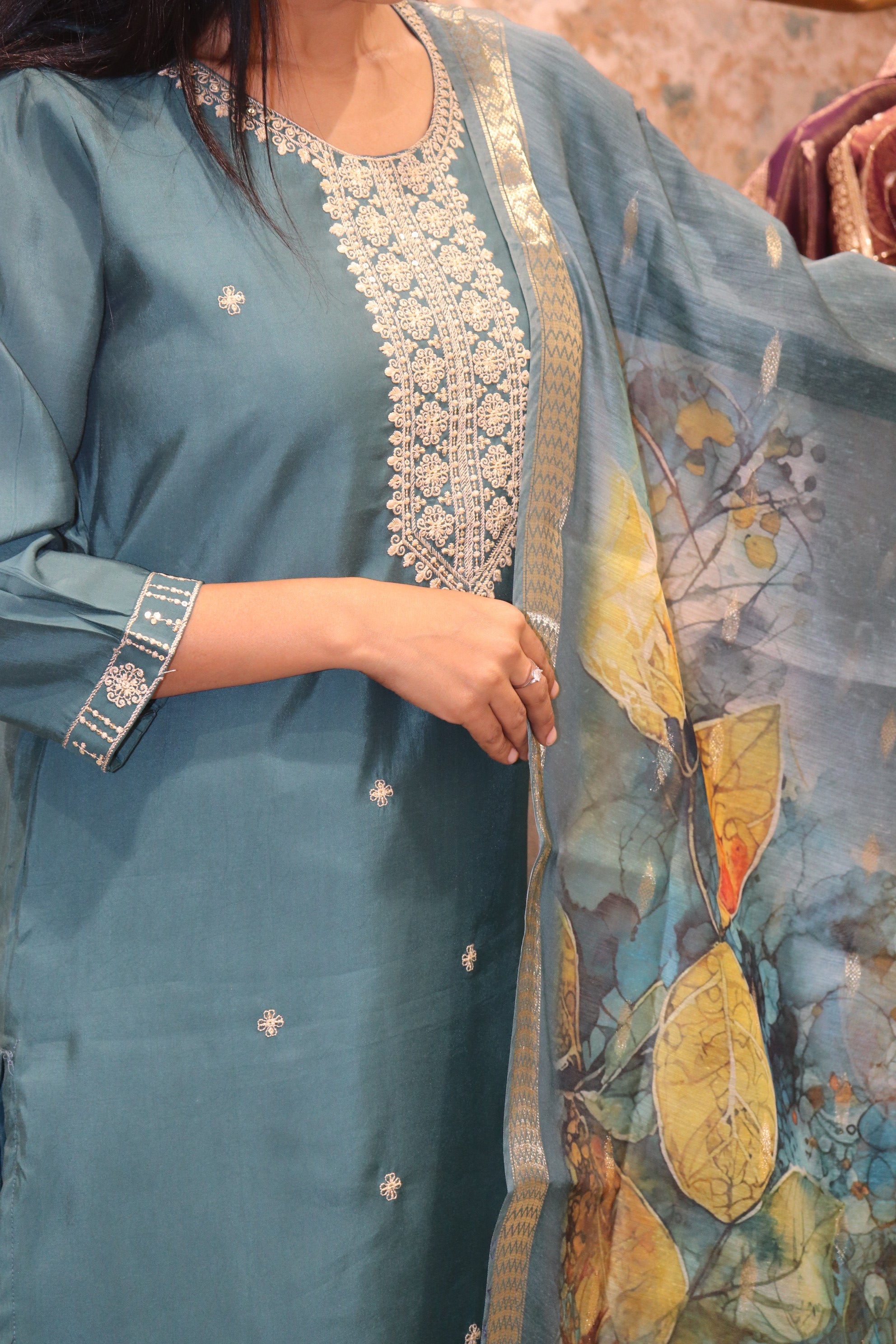 Teal Long Kurta Set with Printed Floral Dupatta