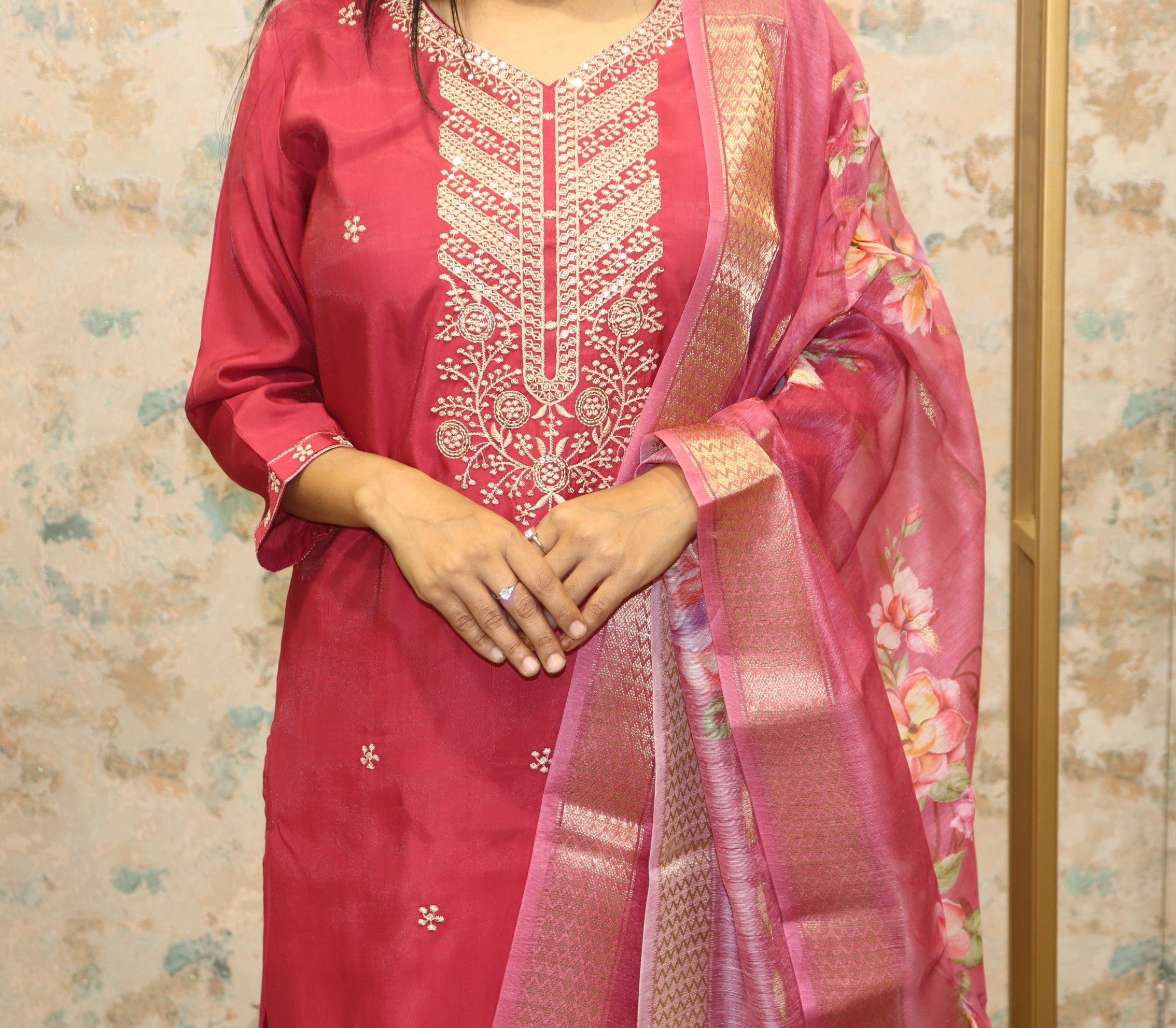 Deep Pink Semi-Formal  Kurta Set with Floral Accents