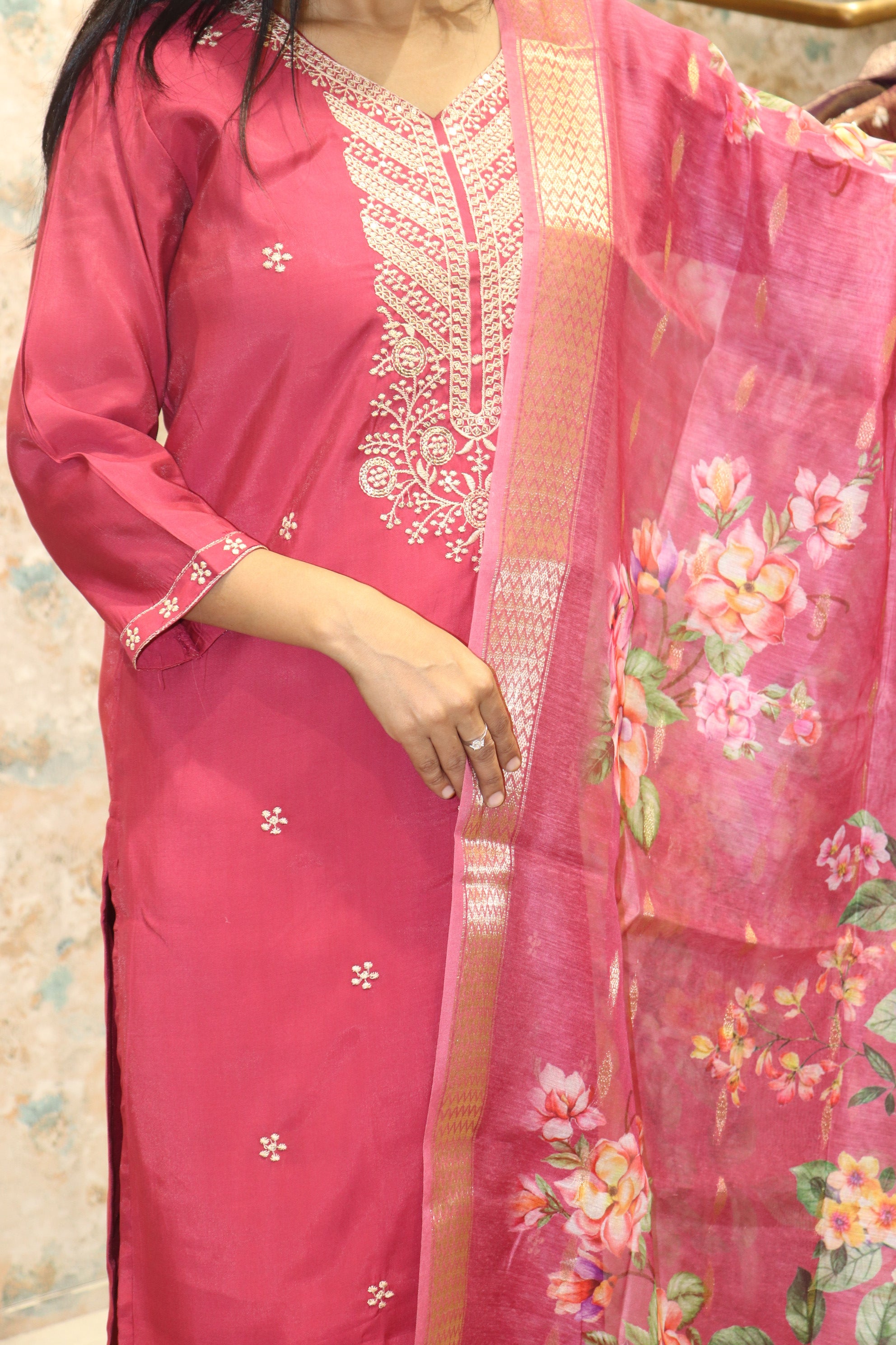 Deep Pink Semi-Formal  Kurta Set with Floral Accents