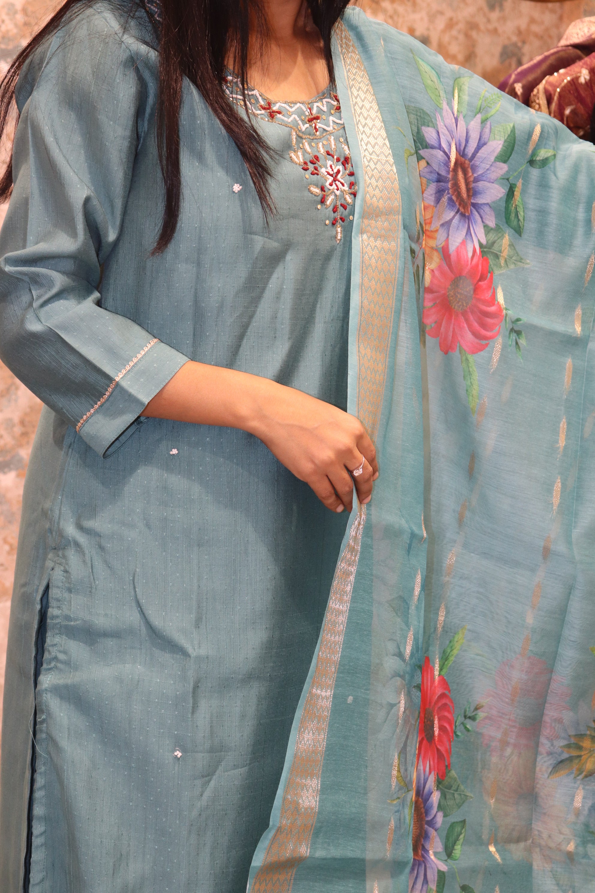 Kurta Set with Printed Floral Dupatta