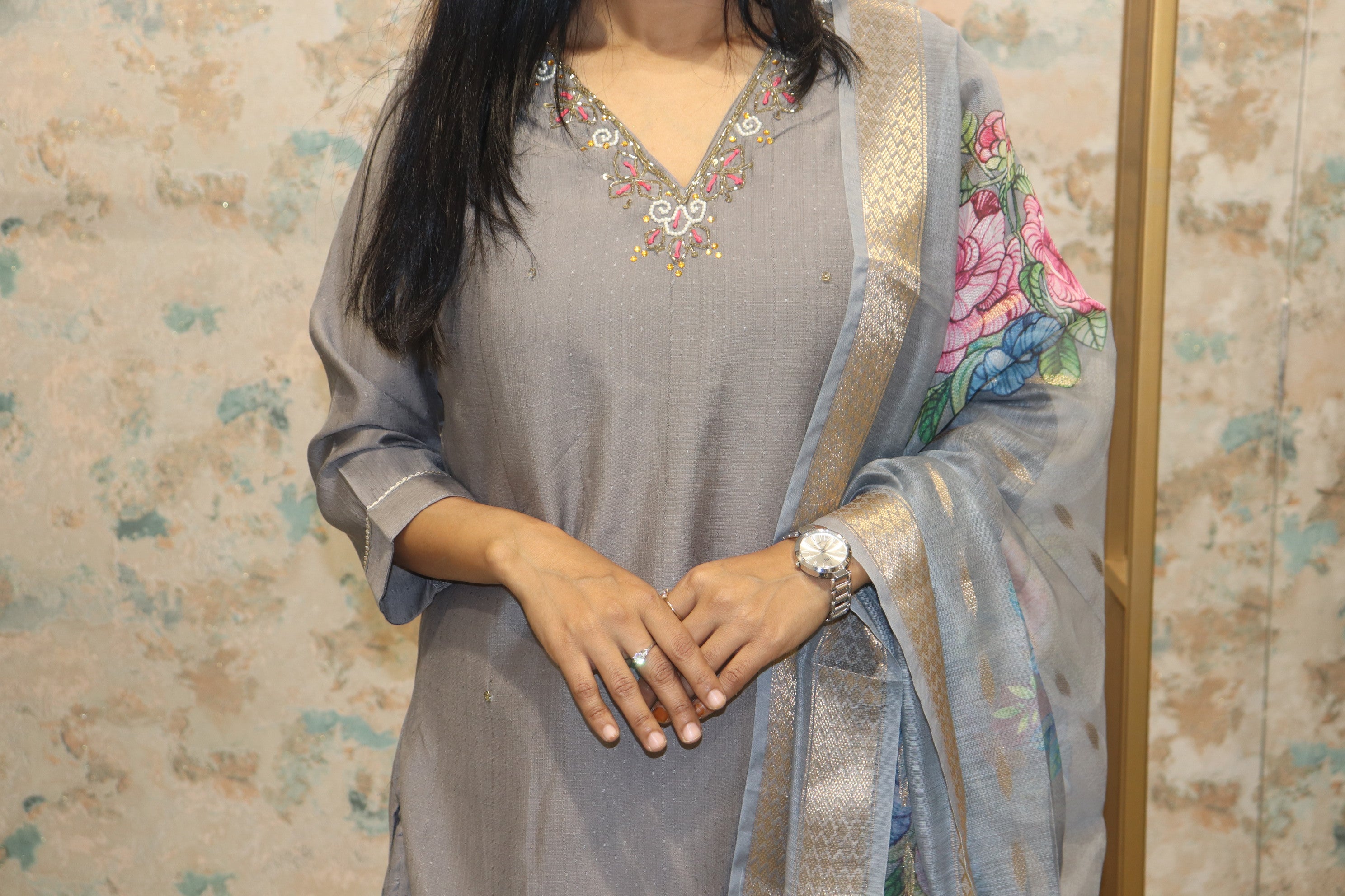 Kurta Set with Printed Dupatta & Embroidery